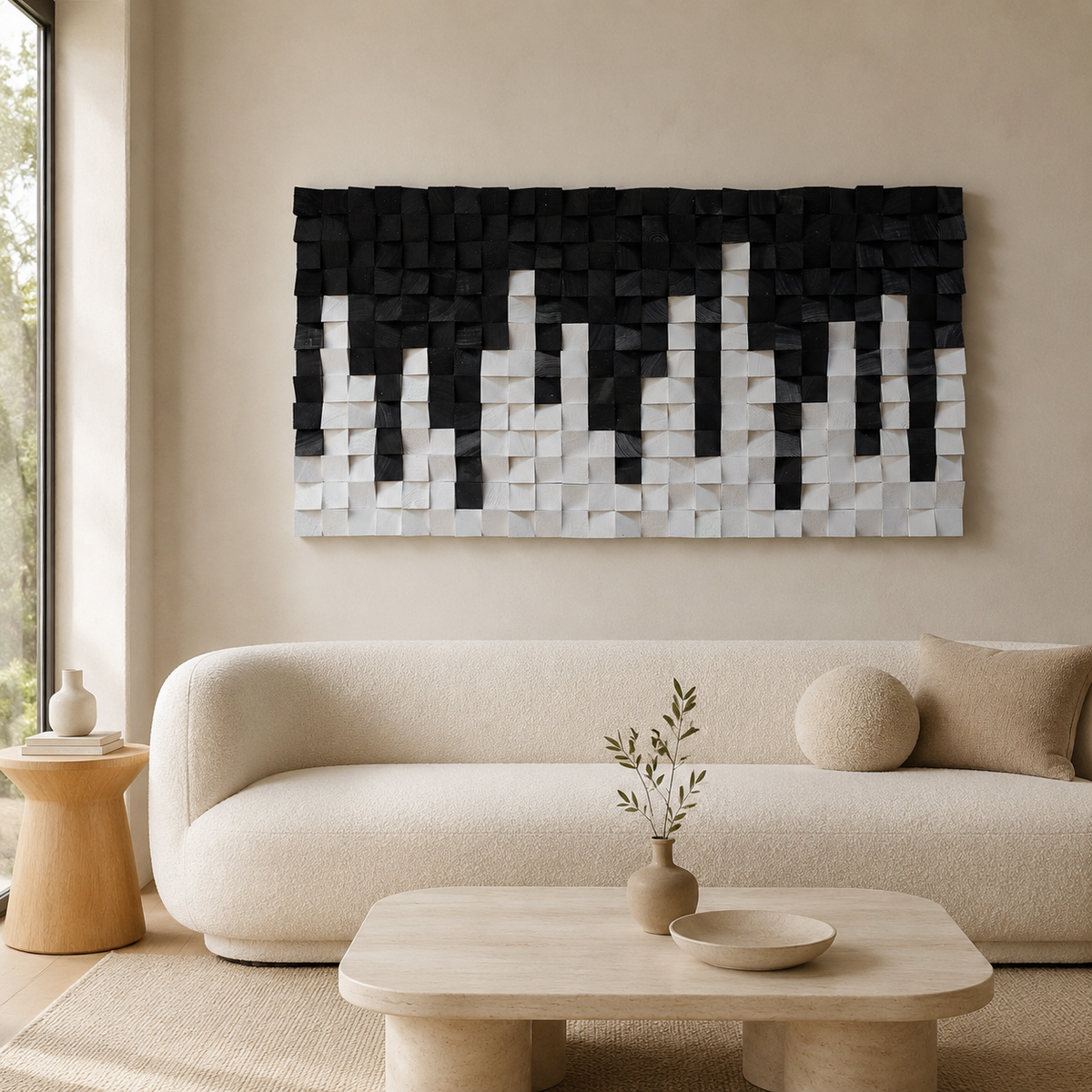 City Black & White 3D Wood Mosaic Wall Art | Handmade Monochrome Skyline Panel for Modern Interiors