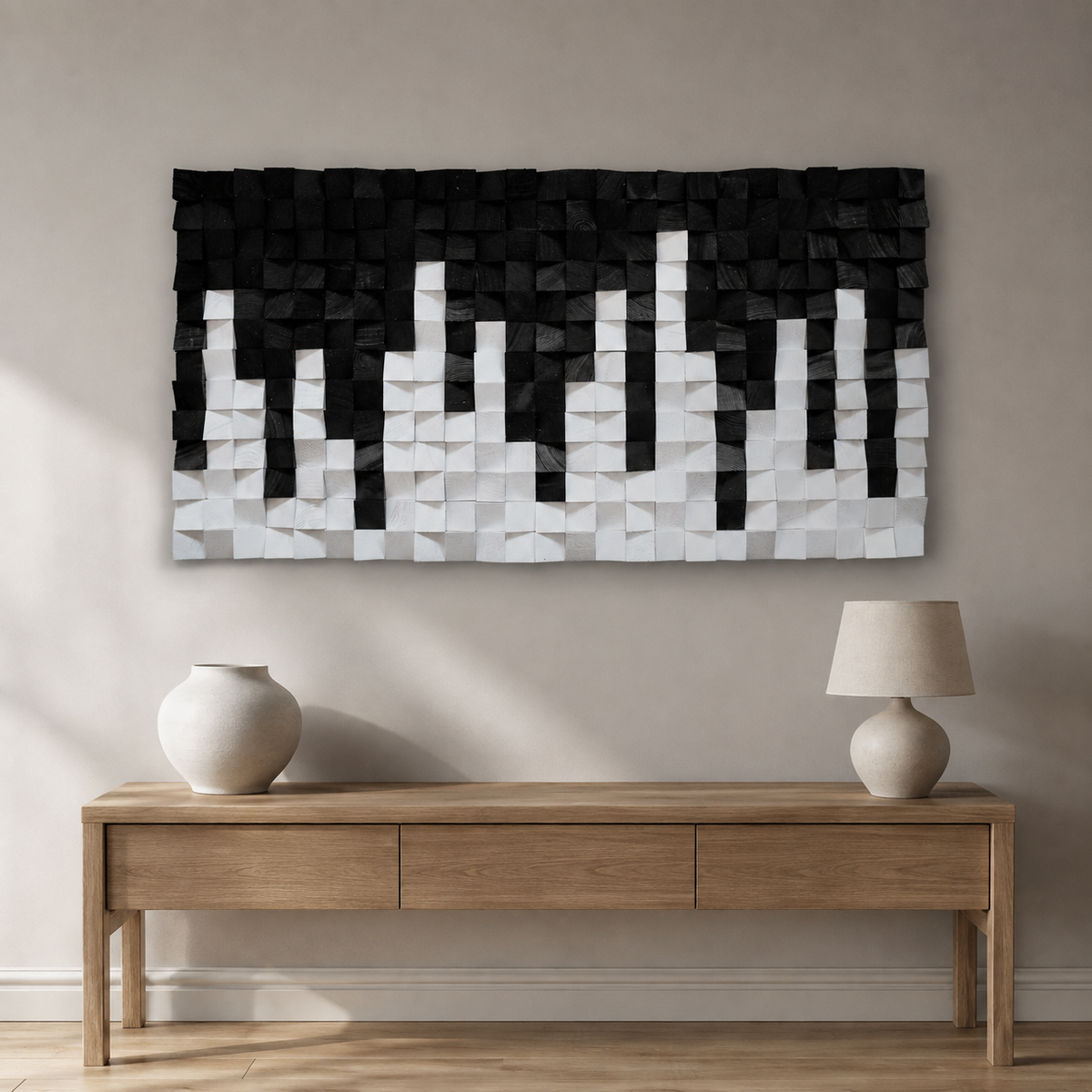City Black & White 3D Wood Mosaic Wall Art | Handmade Monochrome Skyline Panel for Modern Interiors