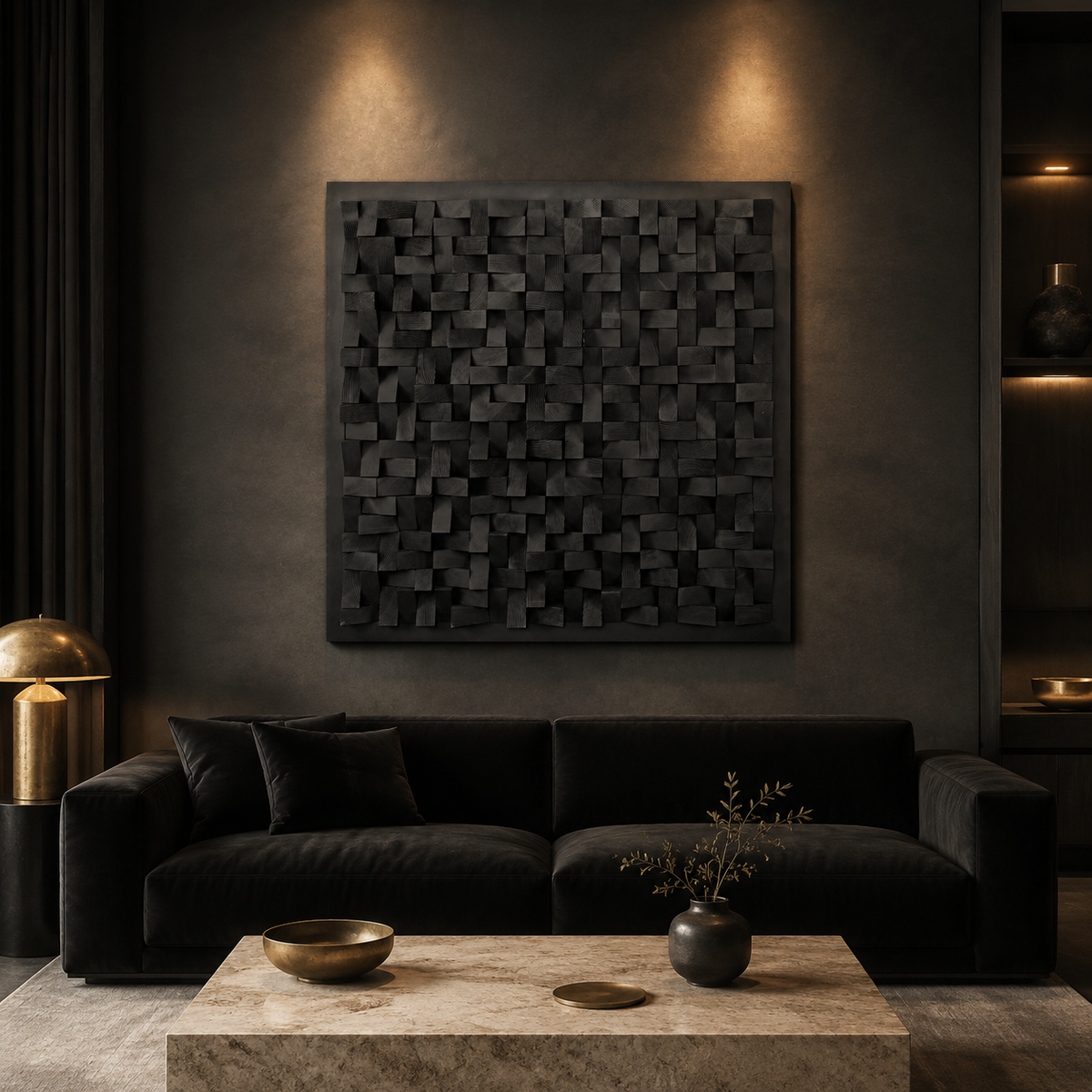 Cosmos Black 3D Wood Mosaic Wall Art | Handmade Charred Wood Acoustic Panel for Modern Interiors