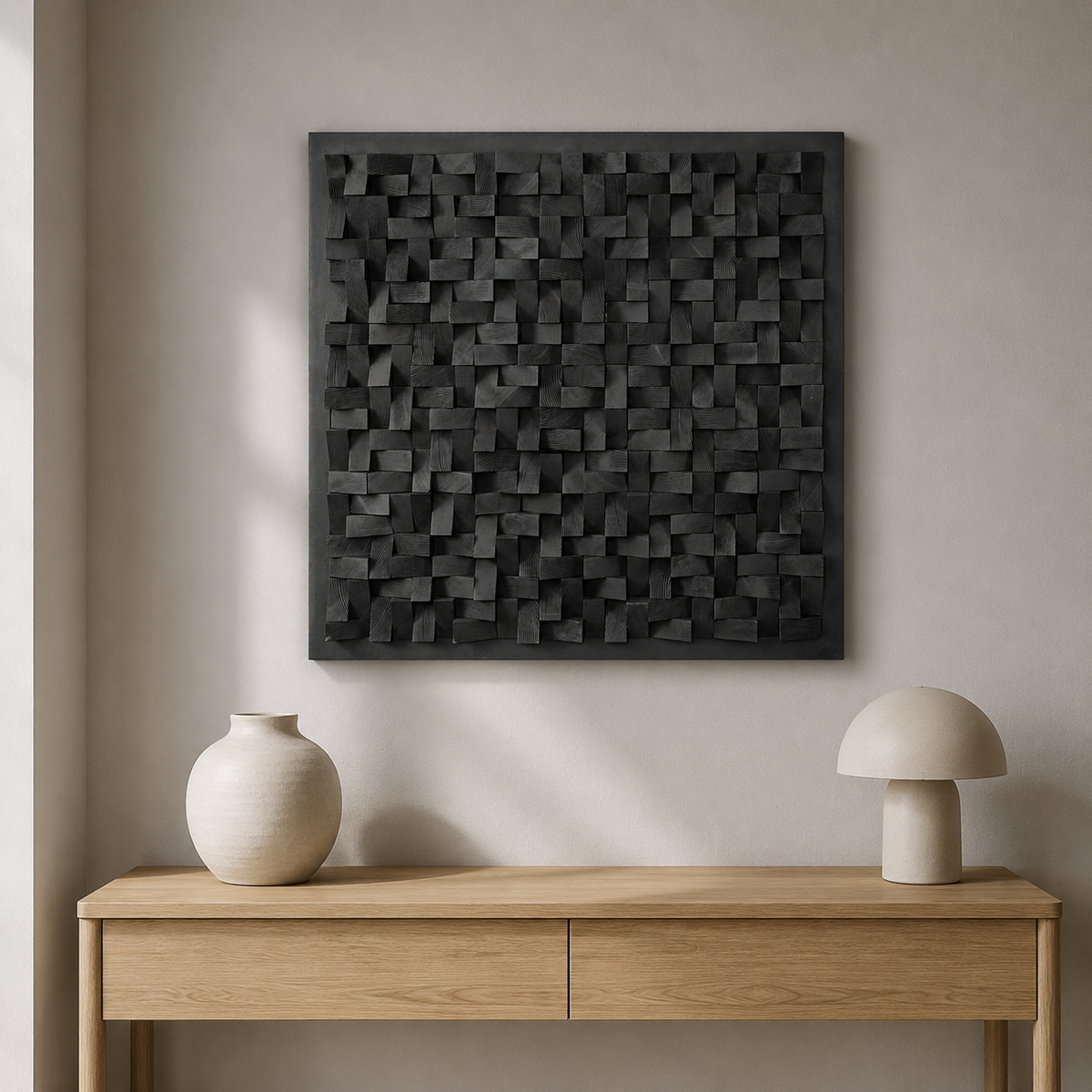 Cosmos Black 3D Wood Mosaic Wall Art | Handmade Charred Wood Acoustic Panel for Modern Interiors