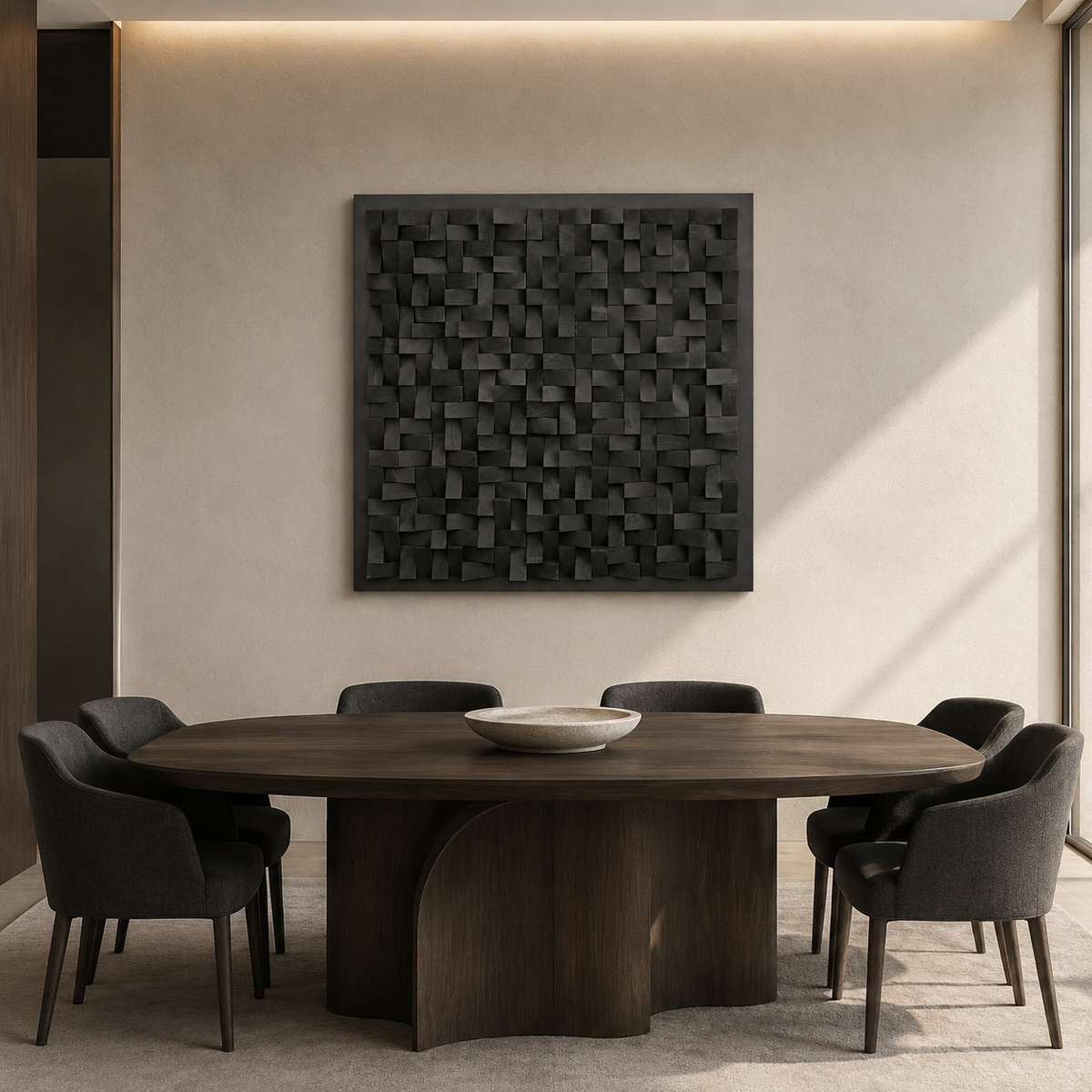 Cosmos Black 3D Wood Mosaic Wall Art | Handmade Charred Wood Acoustic Panel for Modern Interiors