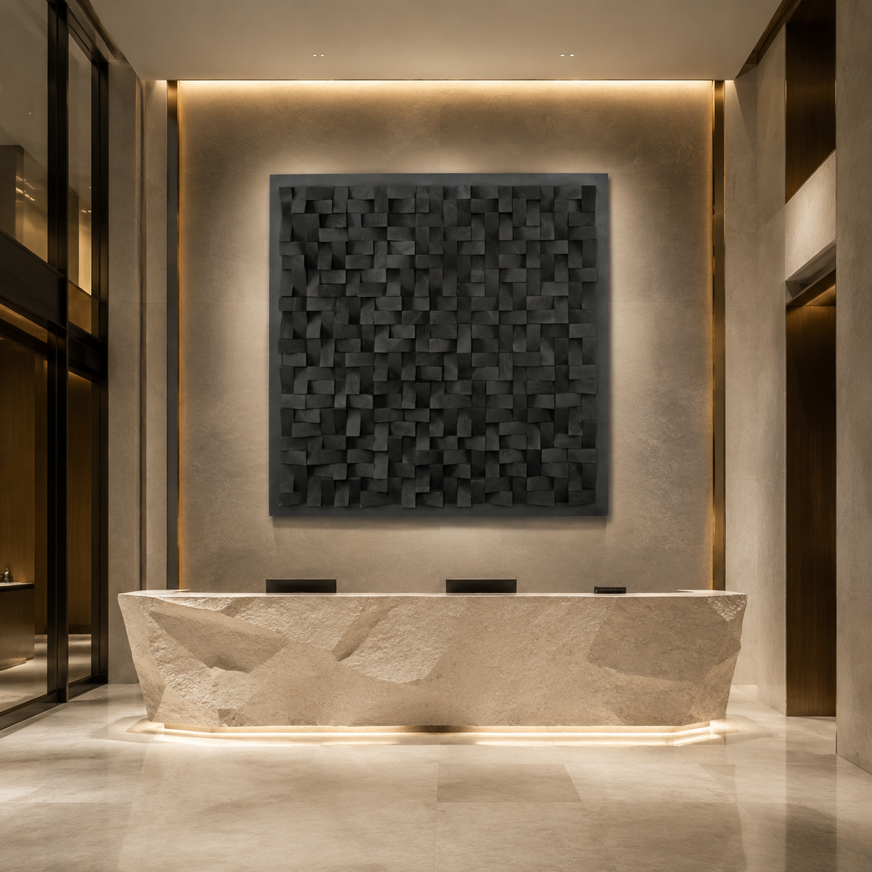 Cosmos Black 3D Wood Mosaic Wall Art | Handmade Charred Wood Acoustic Panel for Modern Interiors