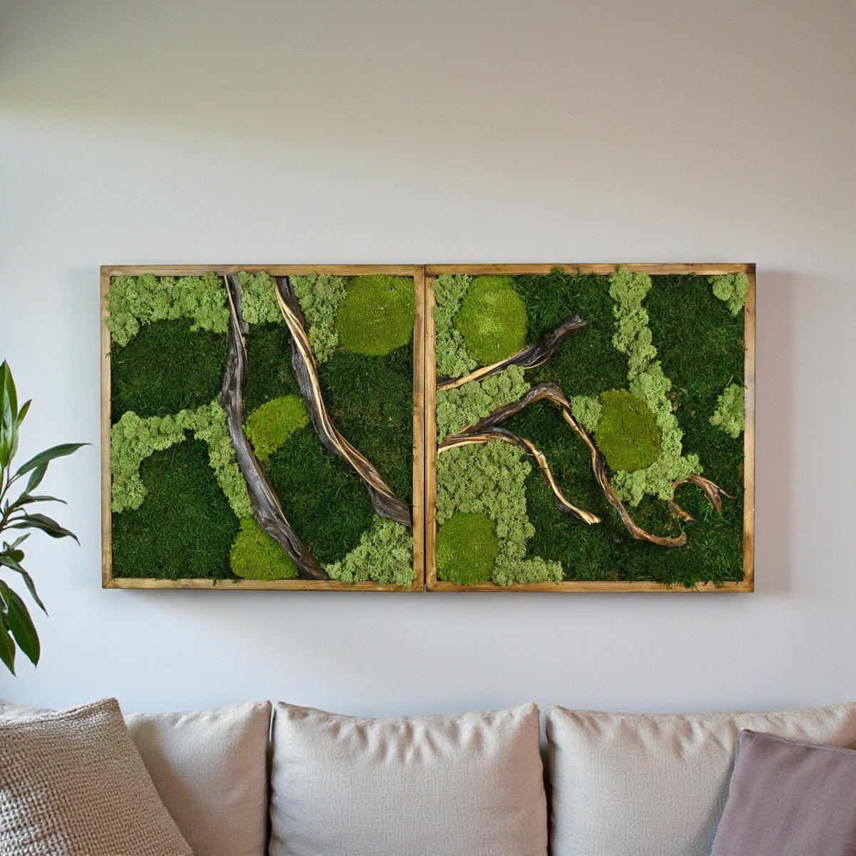 2 Panel Moss Wall Art — Preserved Moss & Driftwood Diptych in Natural Wood Frame
