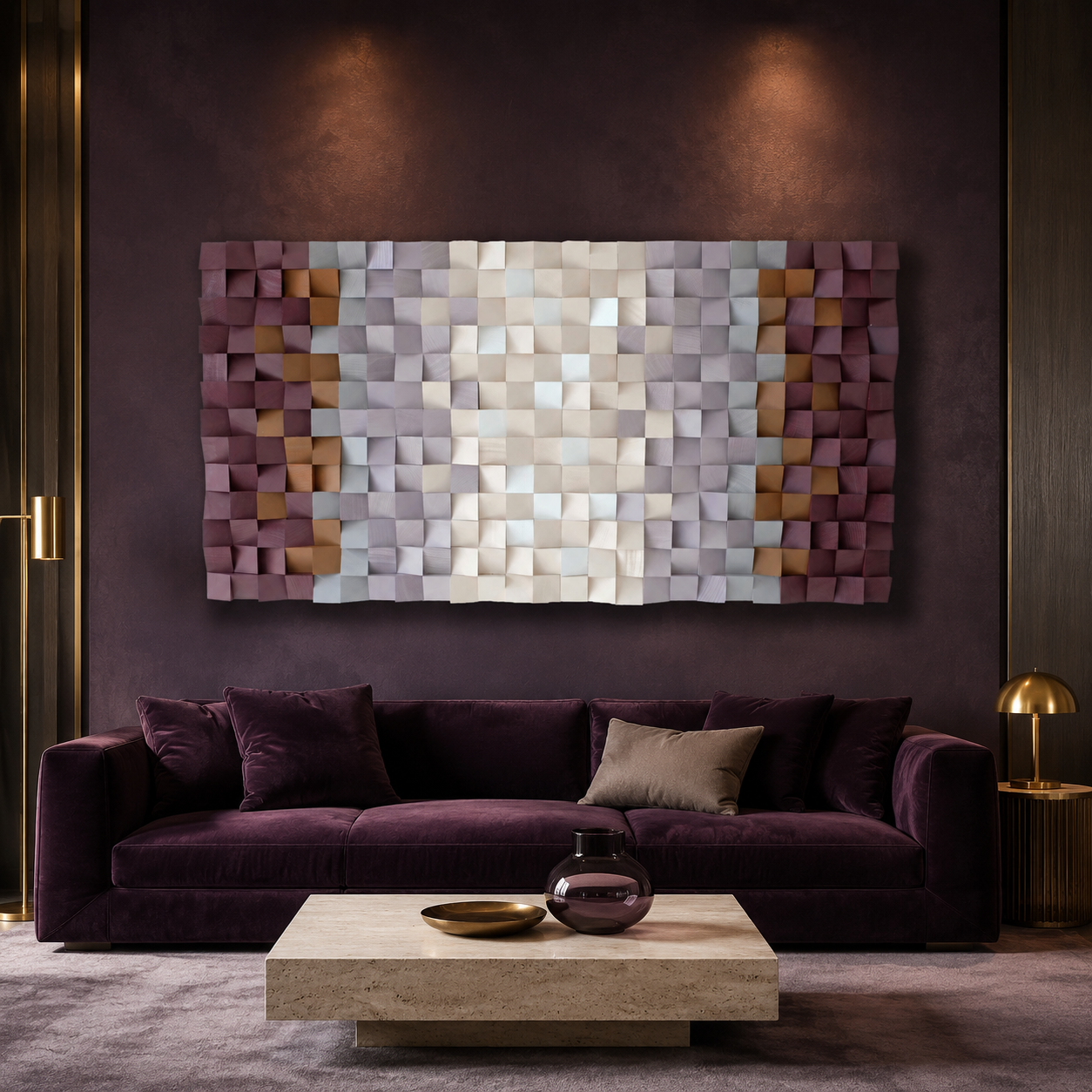 Flora 3D Wood Mosaic Wall Art in Plum, Blush & Ivory Handmade Large Statement Wall Decor