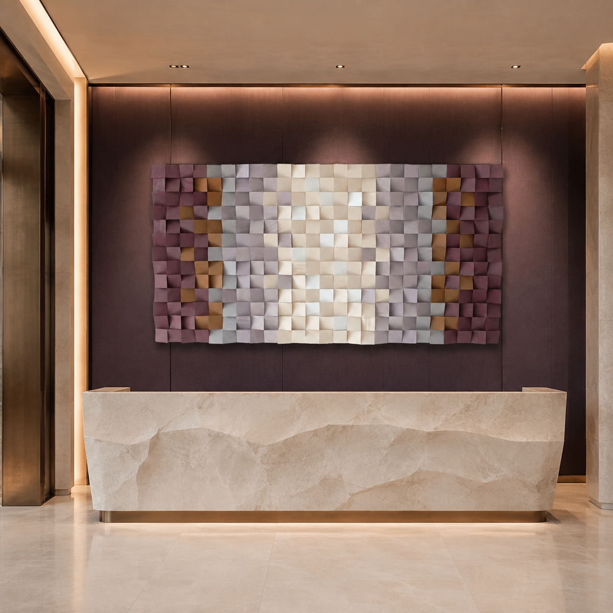 Flora 3D Wood Mosaic Wall Art in Plum, Blush & Ivory Handmade Large Statement Wall Decor