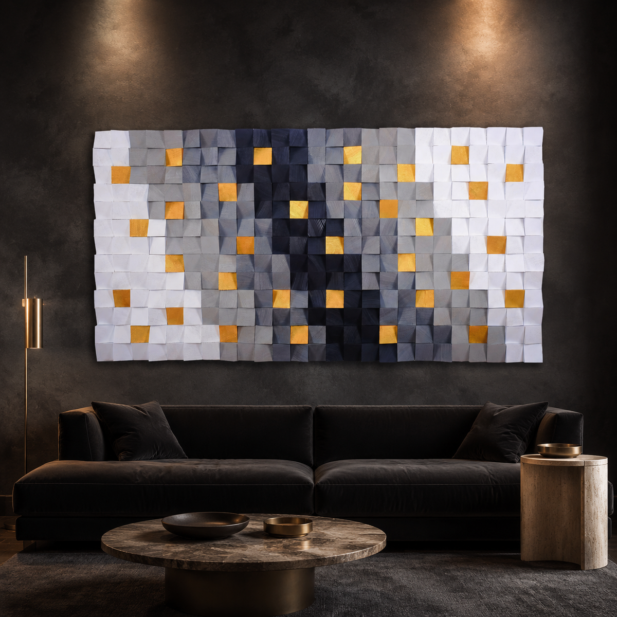 Hemera 3D Wood Mosaic Wall Art in White, Grey & Gold Leaf | Handmade Large Statement Wall Decor