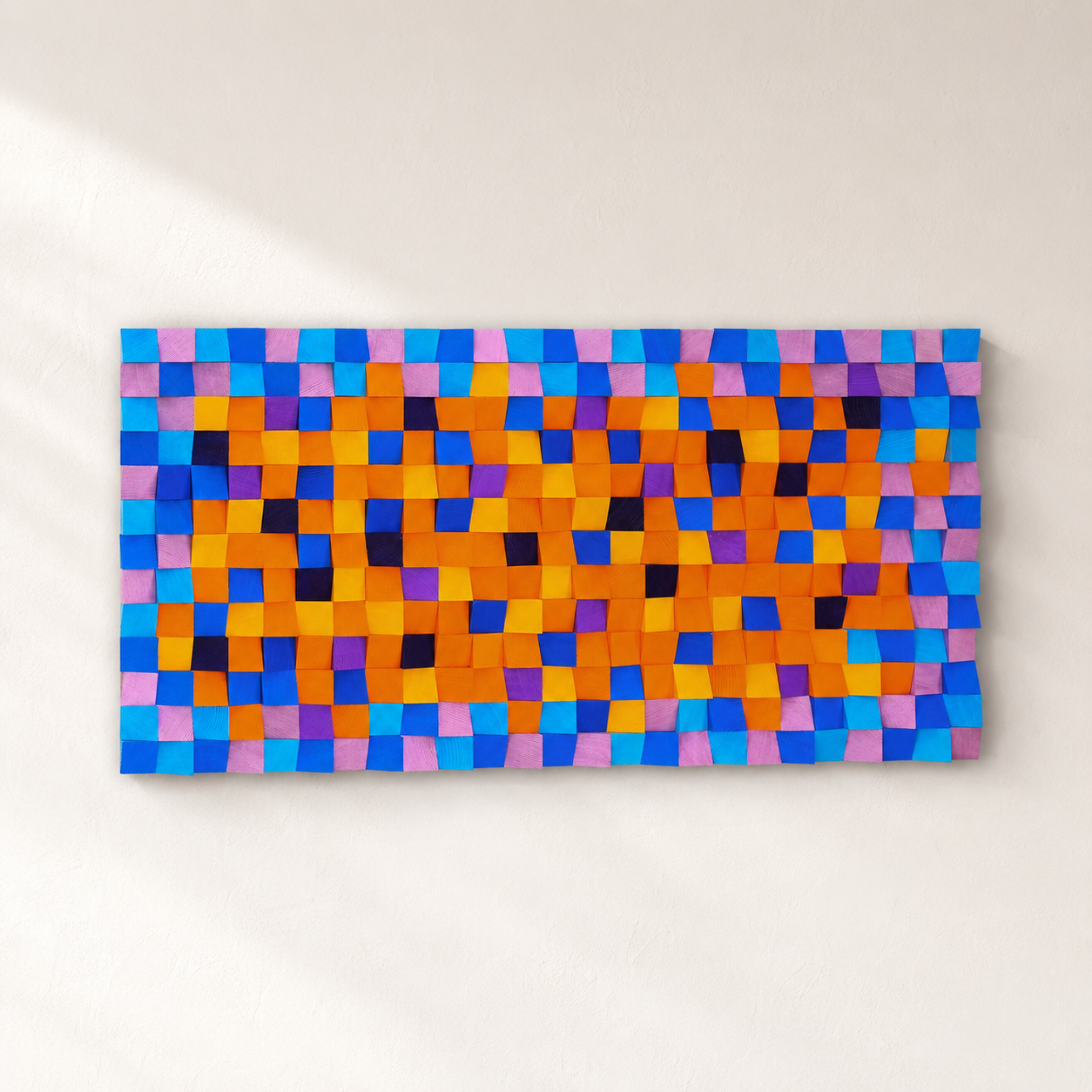 Colorful 3D Wood Wall Art Handmade Mosaic Panel in Orange, Blue & Pink Bold Modern Wall Decor