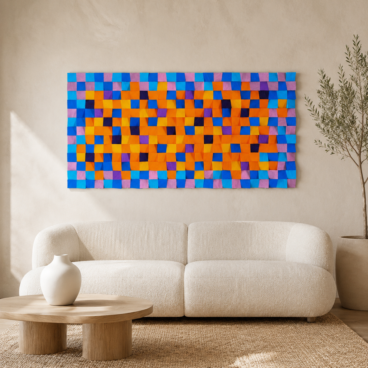 Colorful 3D Wood Wall Art Handmade Mosaic Panel in Orange, Blue & Pink Bold Modern Wall Decor