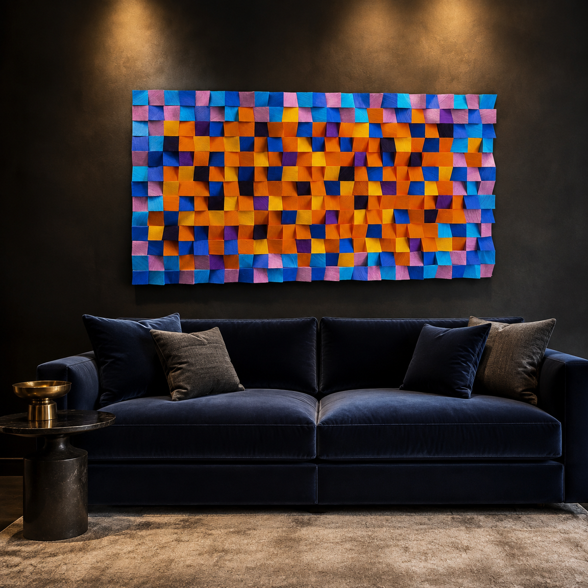 Colorful 3D Wood Wall Art Handmade Mosaic Panel in Orange, Blue & Pink Bold Modern Wall Decor
