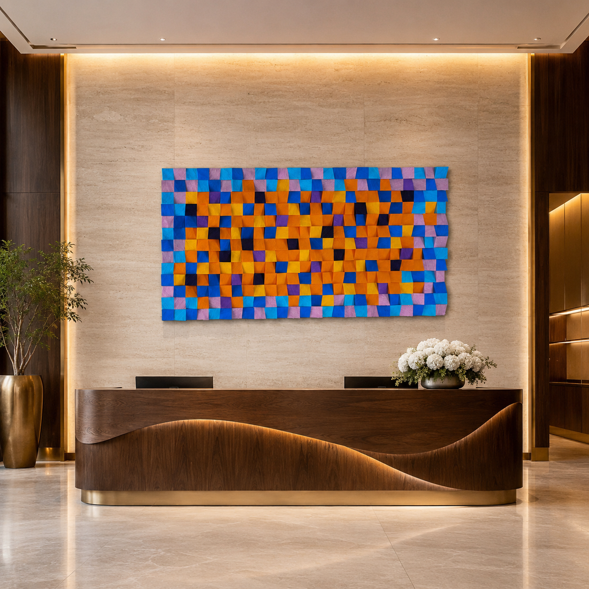 Colorful 3D Wood Wall Art Handmade Mosaic Panel in Orange, Blue & Pink Bold Modern Wall Decor