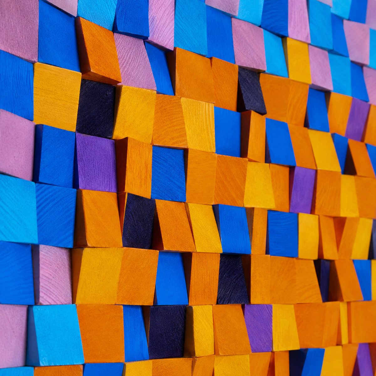 Colorful 3D Wood Wall Art Handmade Mosaic Panel in Orange, Blue & Pink Bold Modern Wall Decor