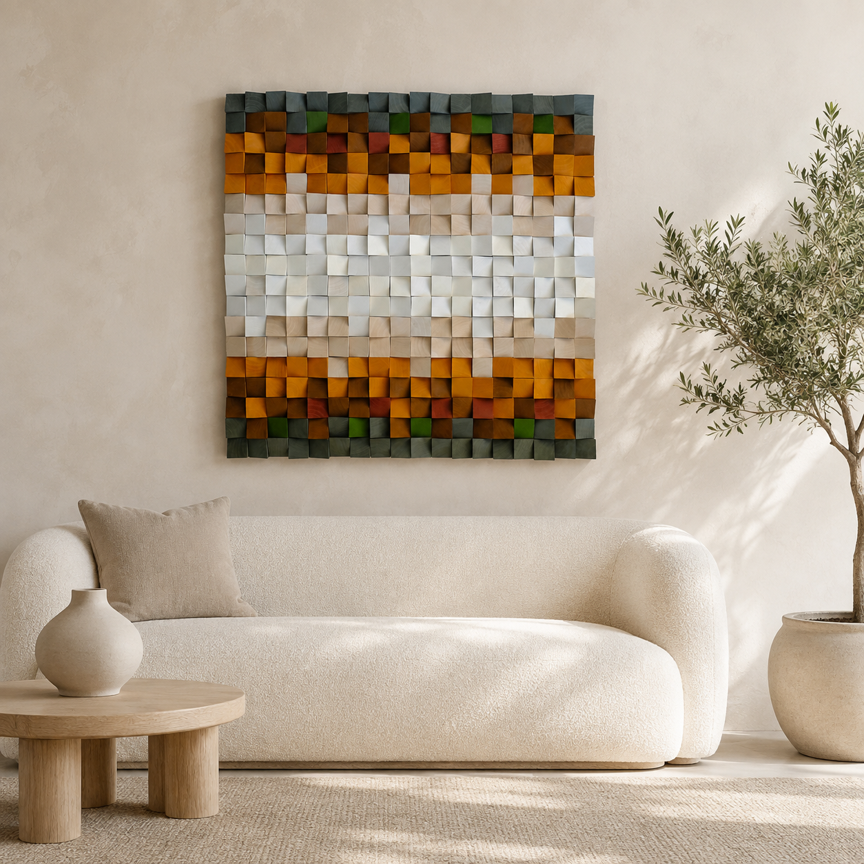 Jupiter 3D Wood Mosaic Wall Art in Amber, Cream & Forest Green Handmade Square Statement Wall Decor
