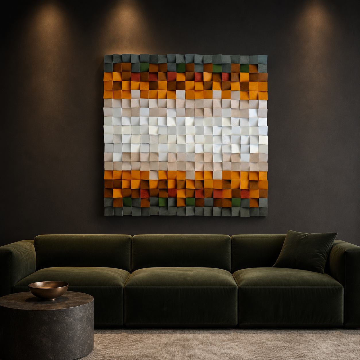 Jupiter 3D Wood Mosaic Wall Art in Amber, Cream & Forest Green Handmade Square Statement Wall Decor