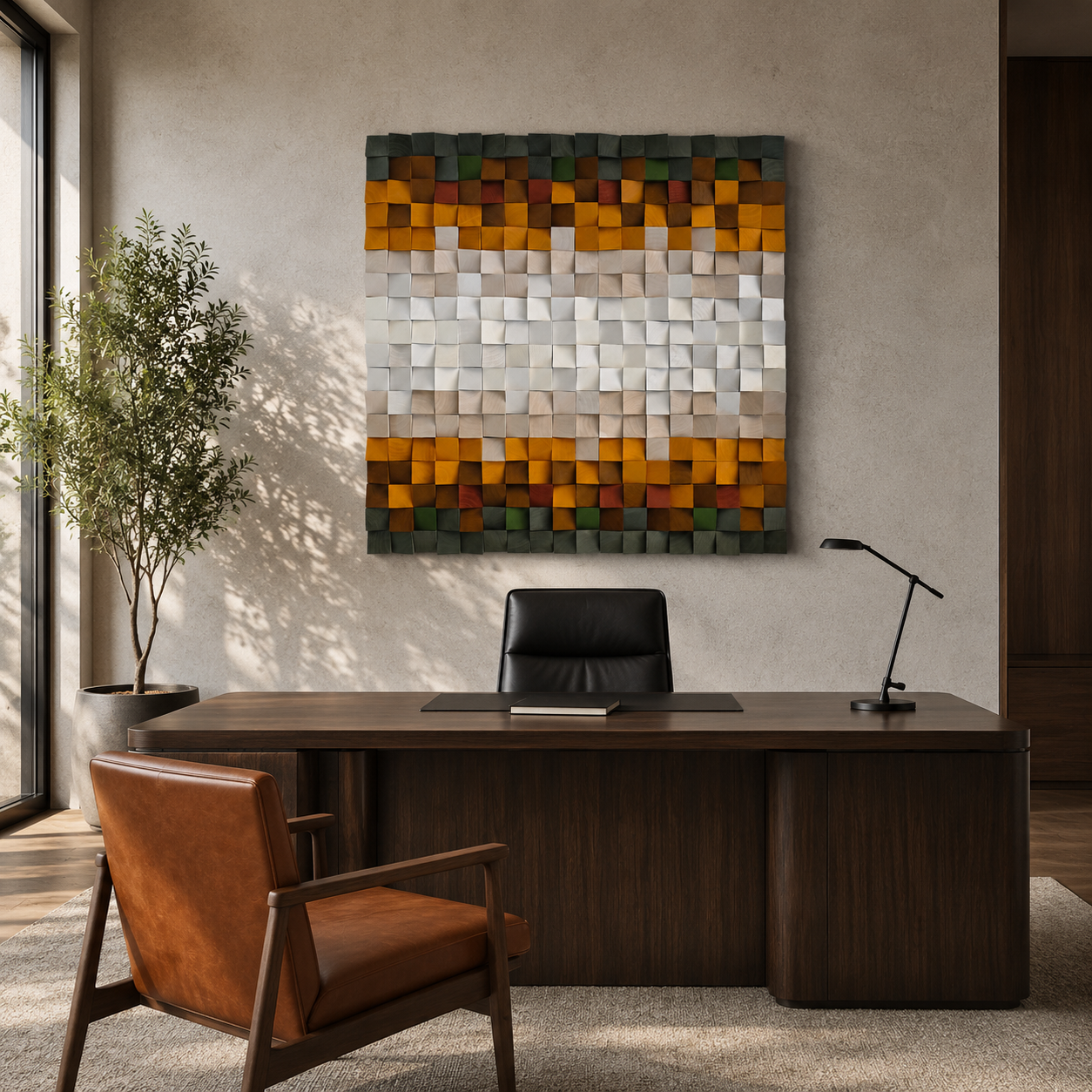 Jupiter 3D Wood Mosaic Wall Art in Amber, Cream & Forest Green Handmade Square Statement Wall Decor