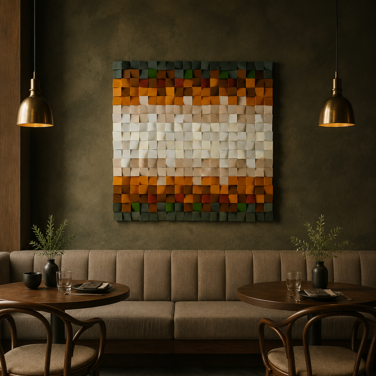 Jupiter 3D Wood Mosaic Wall Art in Amber, Cream & Forest Green Handmade Square Statement Wall Decor
