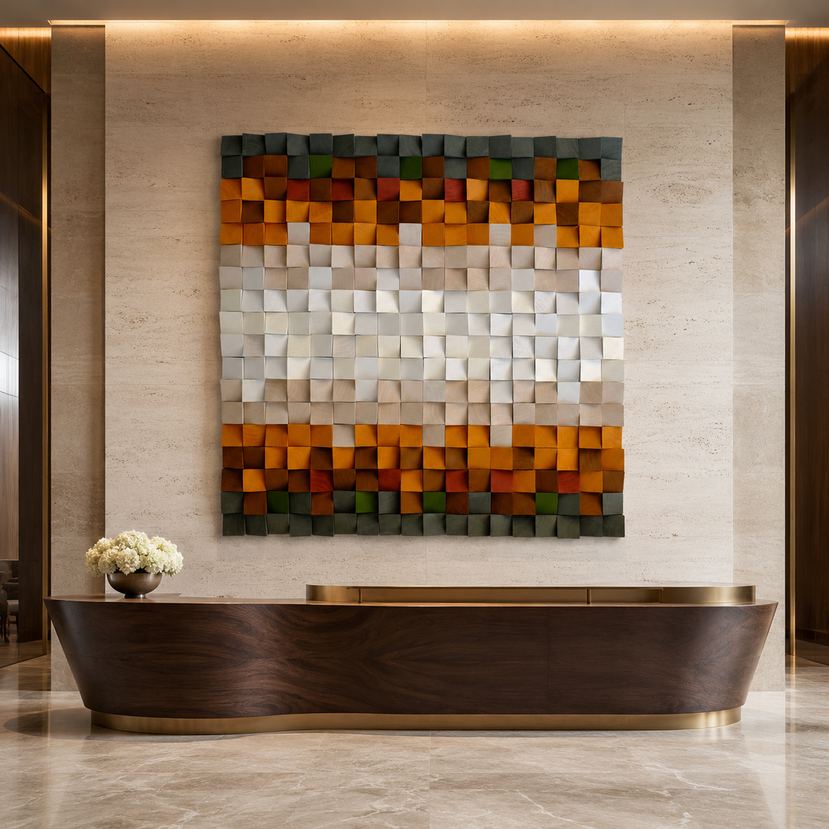 Jupiter 3D Wood Mosaic Wall Art in Amber, Cream & Forest Green Handmade Square Statement Wall Decor