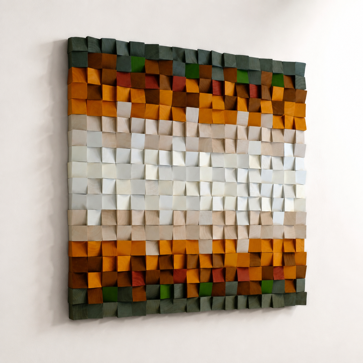 Jupiter 3D Wood Mosaic Wall Art in Amber, Cream & Forest Green Handmade Square Statement Wall Decor