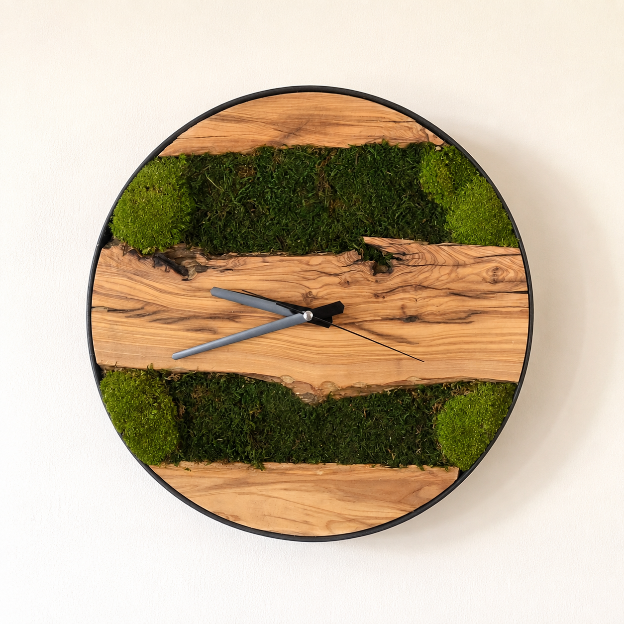 Moss & Olive Wood Wall Clock Preserved Moss Live Edge Clock in a Black Metal Ring Biophilic Wall Decor