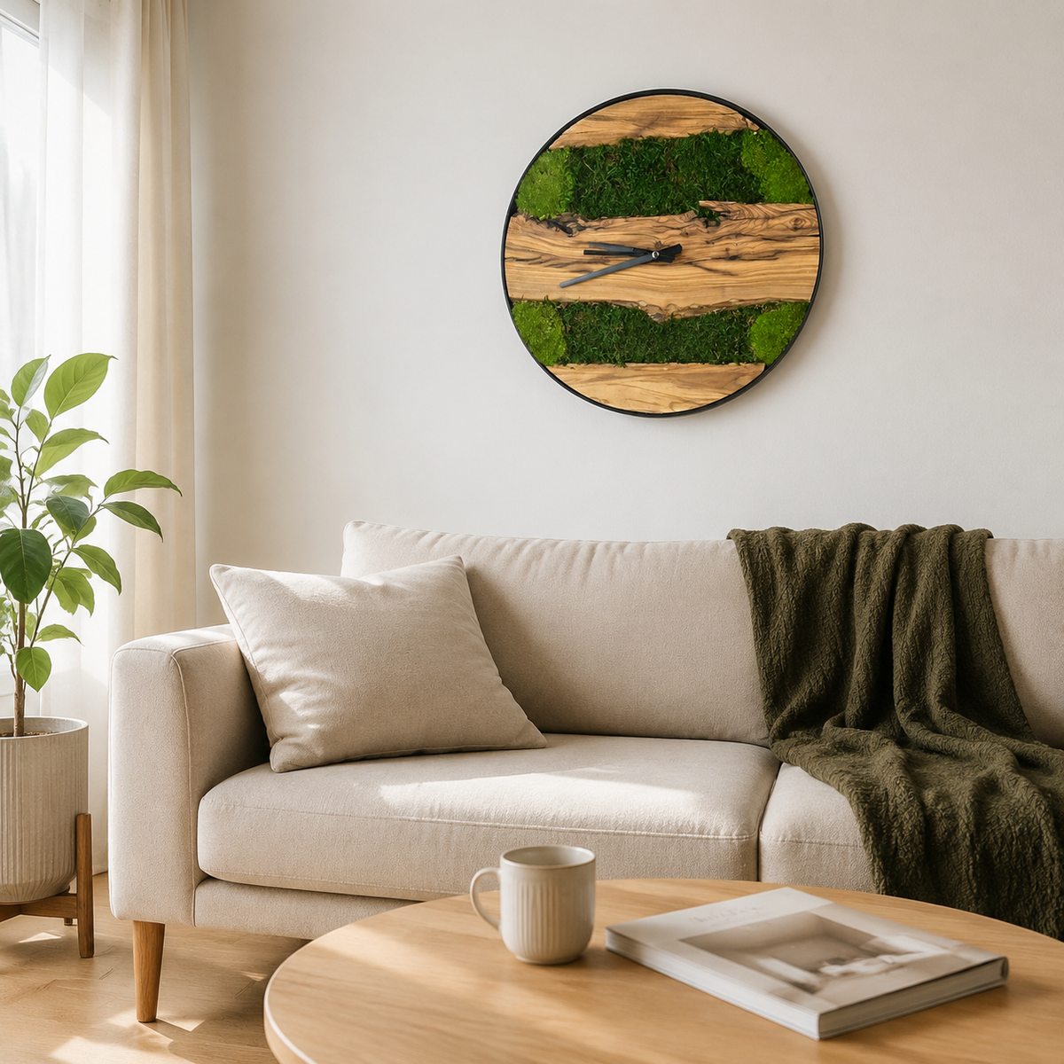 Moss & Olive Wood Wall Clock Preserved Moss Live Edge Clock in a Black Metal Ring Biophilic Wall Decor