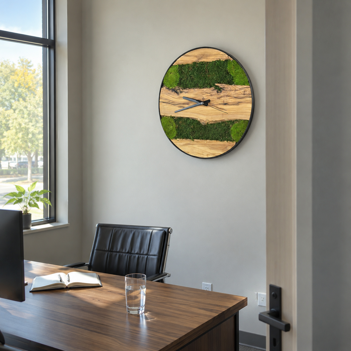 Moss & Olive Wood Wall Clock Preserved Moss Live Edge Clock in a Black Metal Ring Biophilic Wall Decor