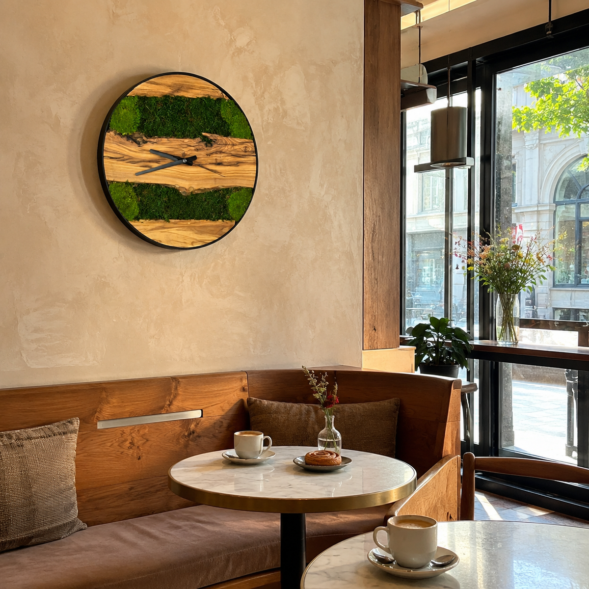 Moss & Olive Wood Wall Clock Preserved Moss Live Edge Clock in a Black Metal Ring Biophilic Wall Decor