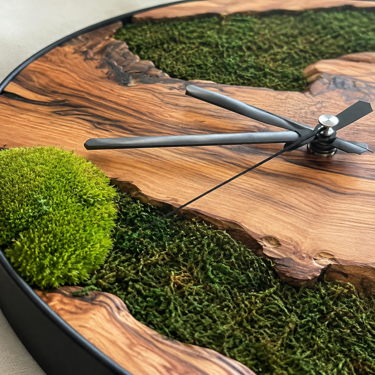 Moss & Olive Wood Wall Clock Preserved Moss Live Edge Clock in a Black Metal Ring Biophilic Wall Decor