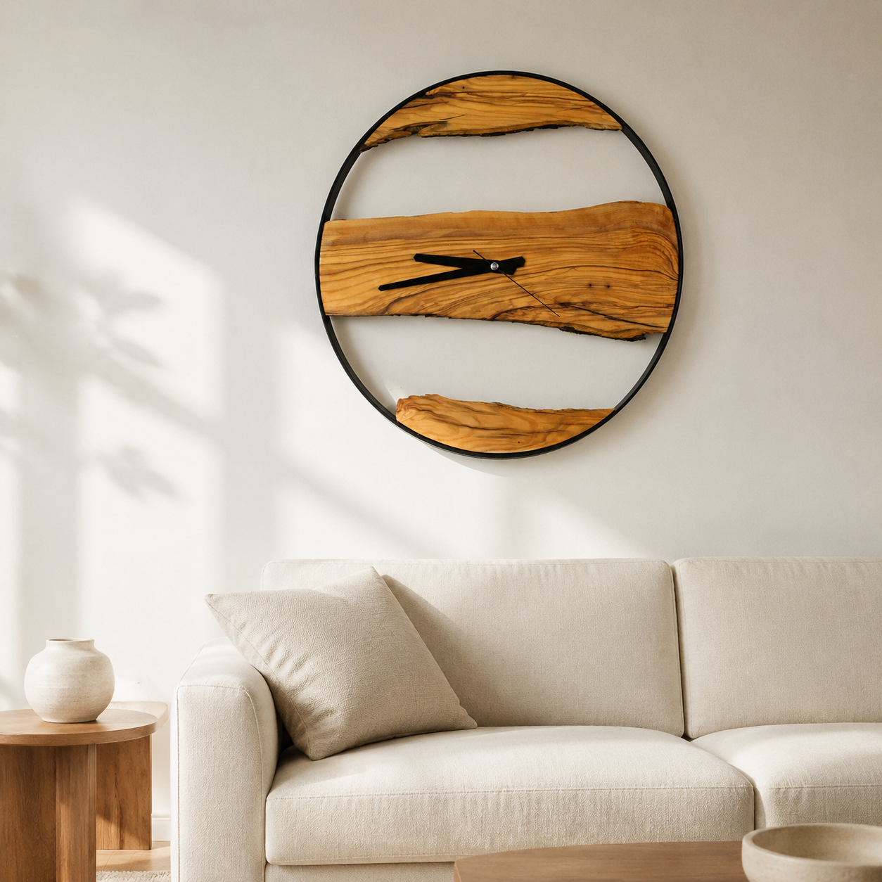 Olive Wood Wall Clock Live Edge Wooden Clock in a Black Metal Ring Silent Modern Wall Decor