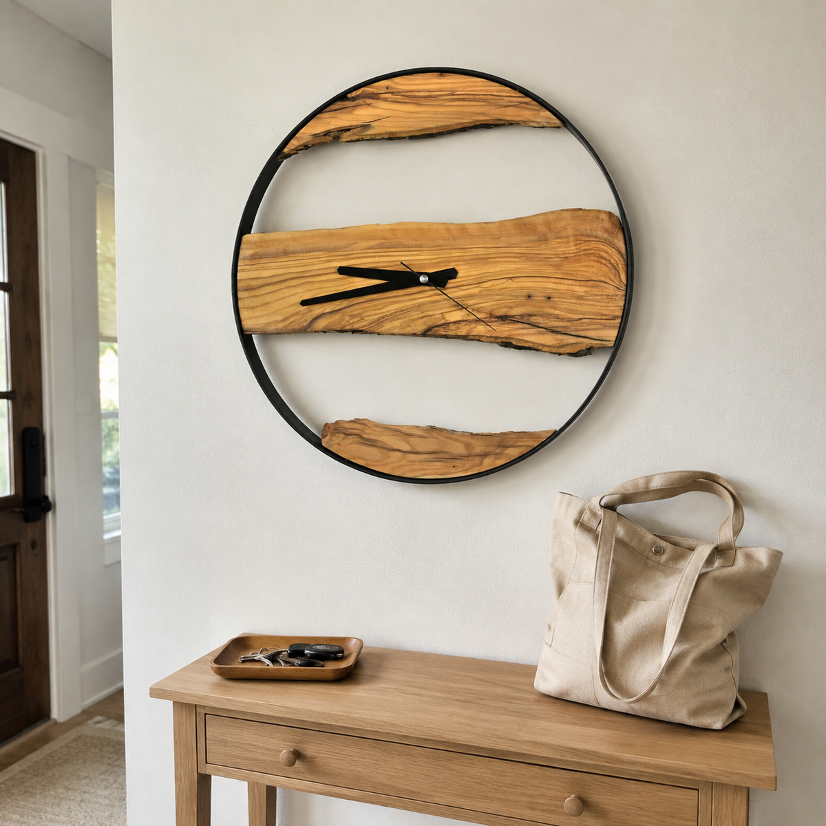 Olive Wood Wall Clock Live Edge Wooden Clock in a Black Metal Ring Silent Modern Wall Decor