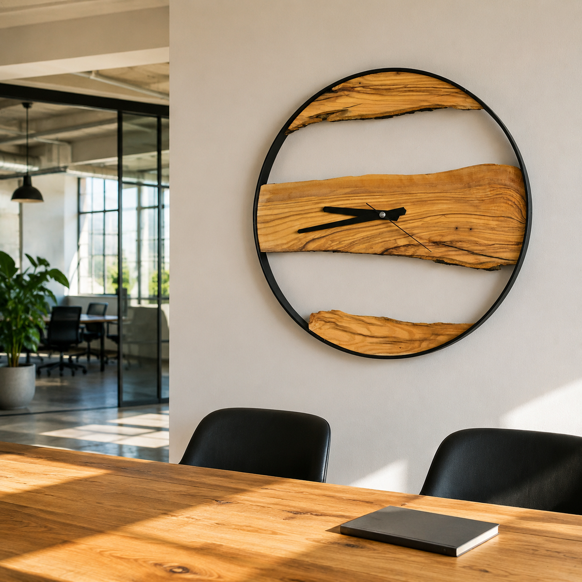 Olive Wood Wall Clock Live Edge Wooden Clock in a Black Metal Ring Silent Modern Wall Decor
