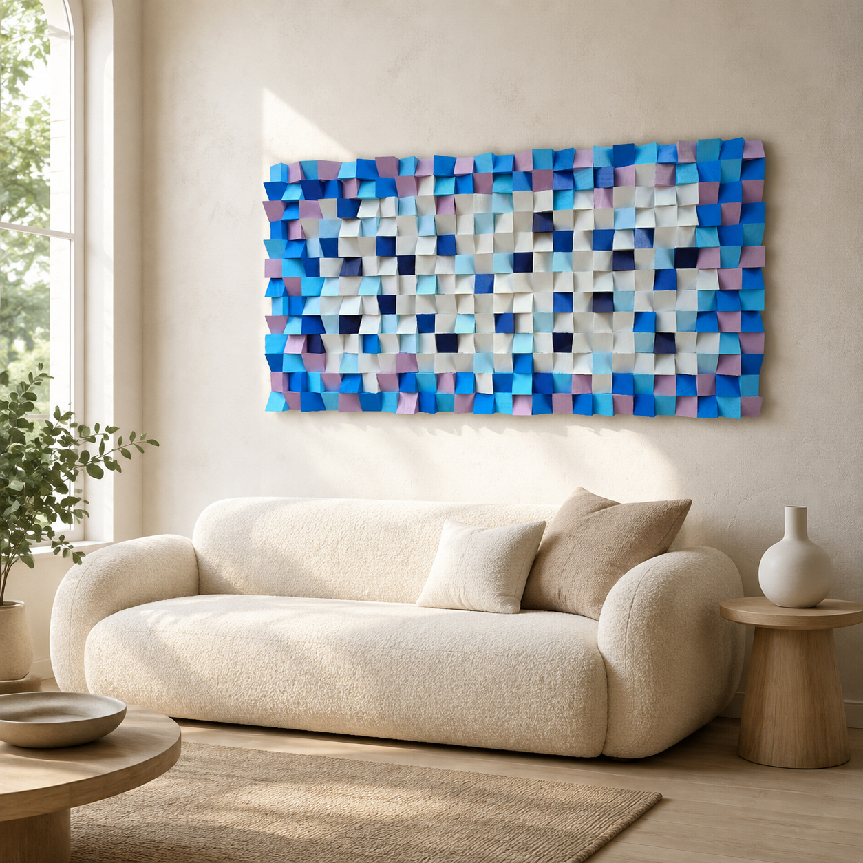 Neptun 3D Wood Mosaic Wall Art in Plum, Blush & Ivory Handmade Large Statement Wall Decor