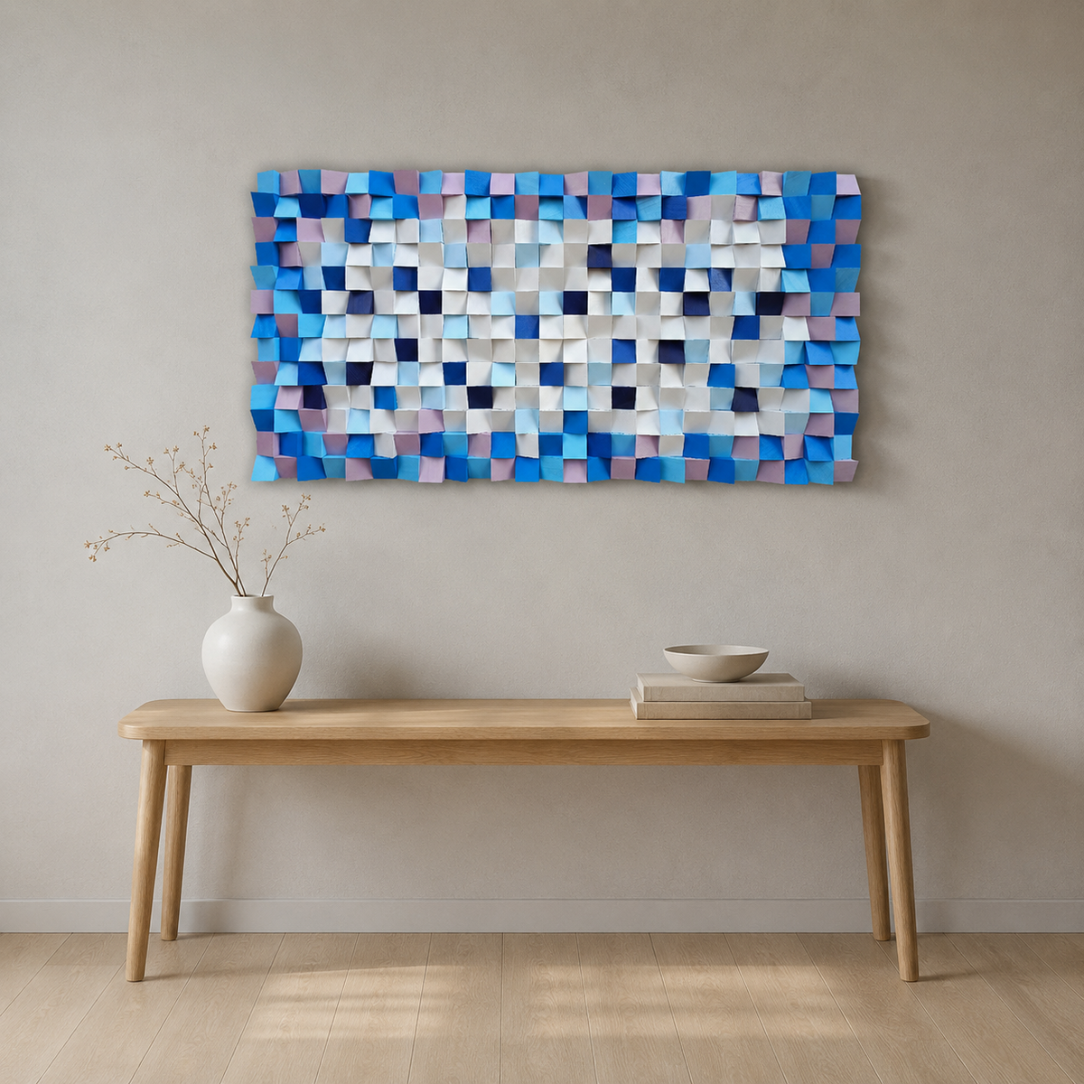 Neptun 3D Wood Mosaic Wall Art in Plum, Blush & Ivory Handmade Large Statement Wall Decor