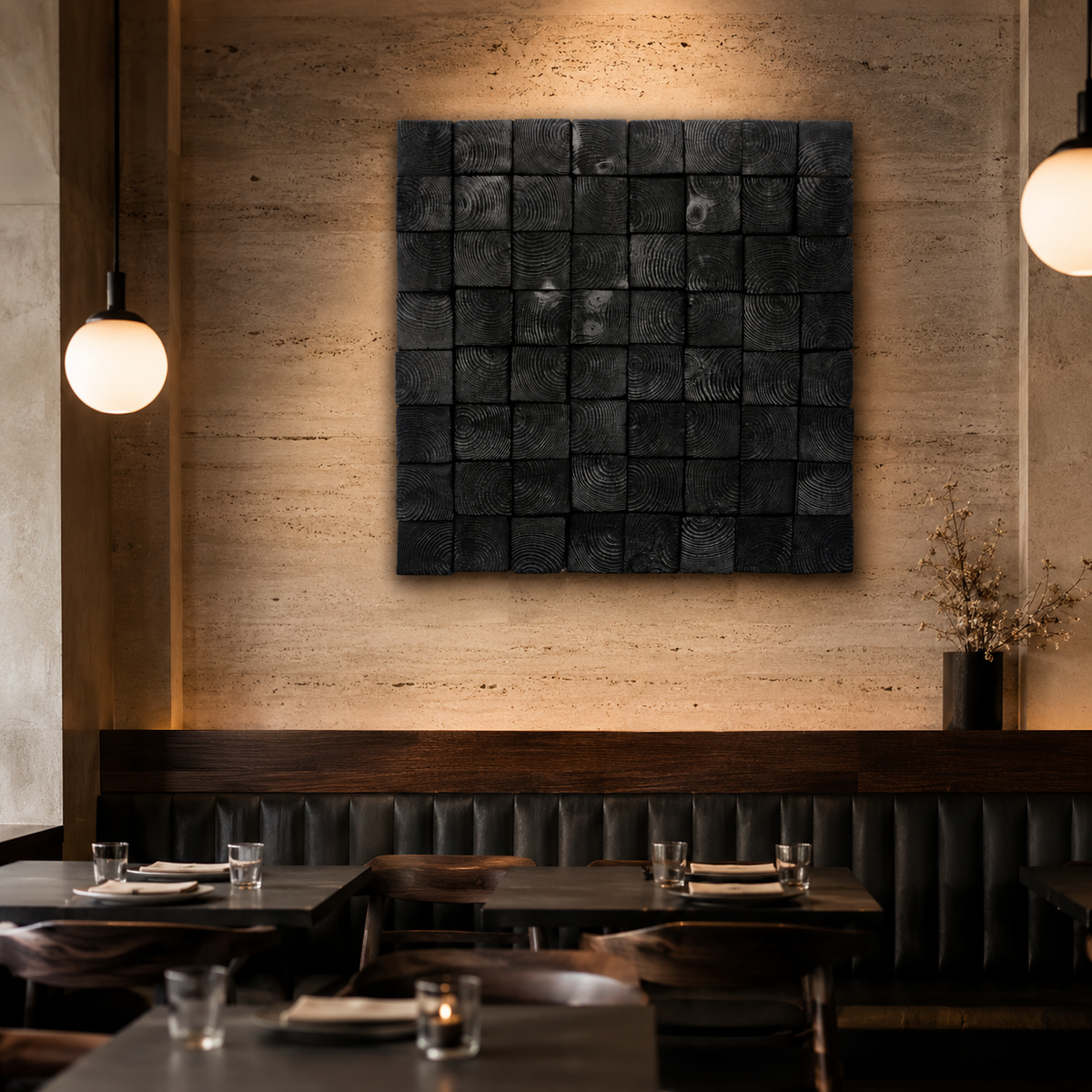 Od Black 3D Wood Mosaic Wall Art Handmade Charred Wood Acoustic Panel for Modern Interiors