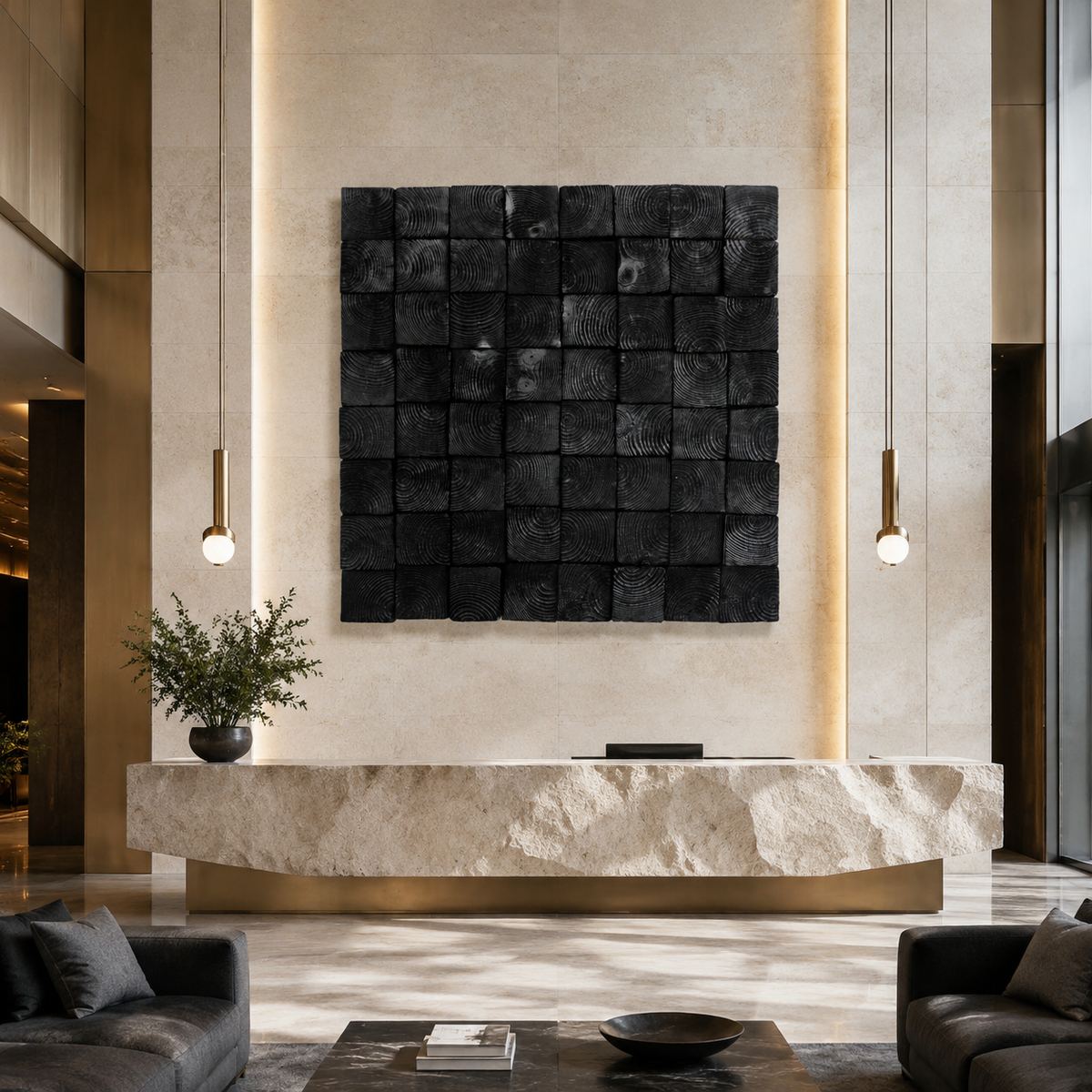 Od Black 3D Wood Mosaic Wall Art Handmade Charred Wood Acoustic Panel for Modern Interiors