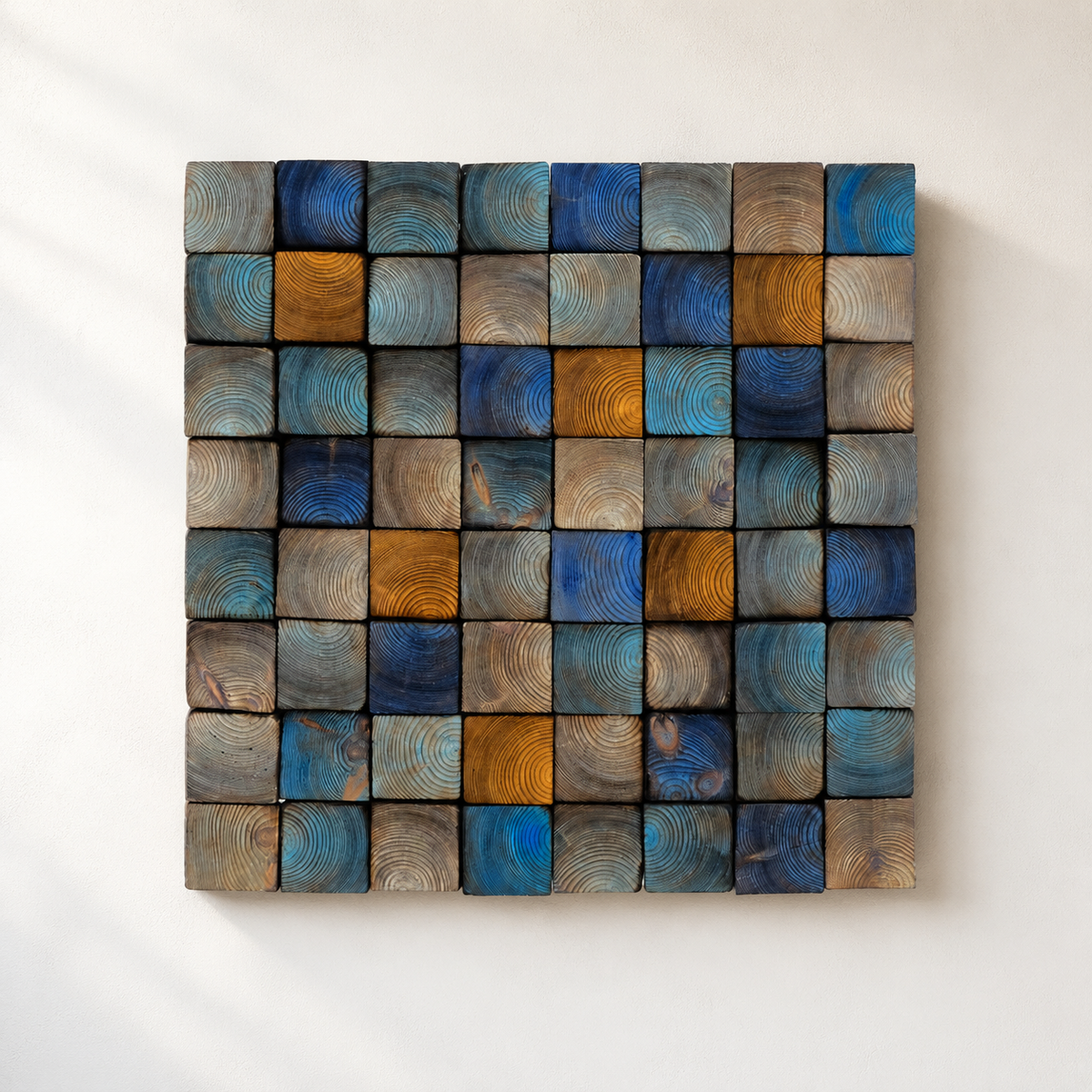 Od Blue 3D Wood Mosaic Wall Art Frame Handmade Charred Wood Acoustic Panel for Modern Interiors