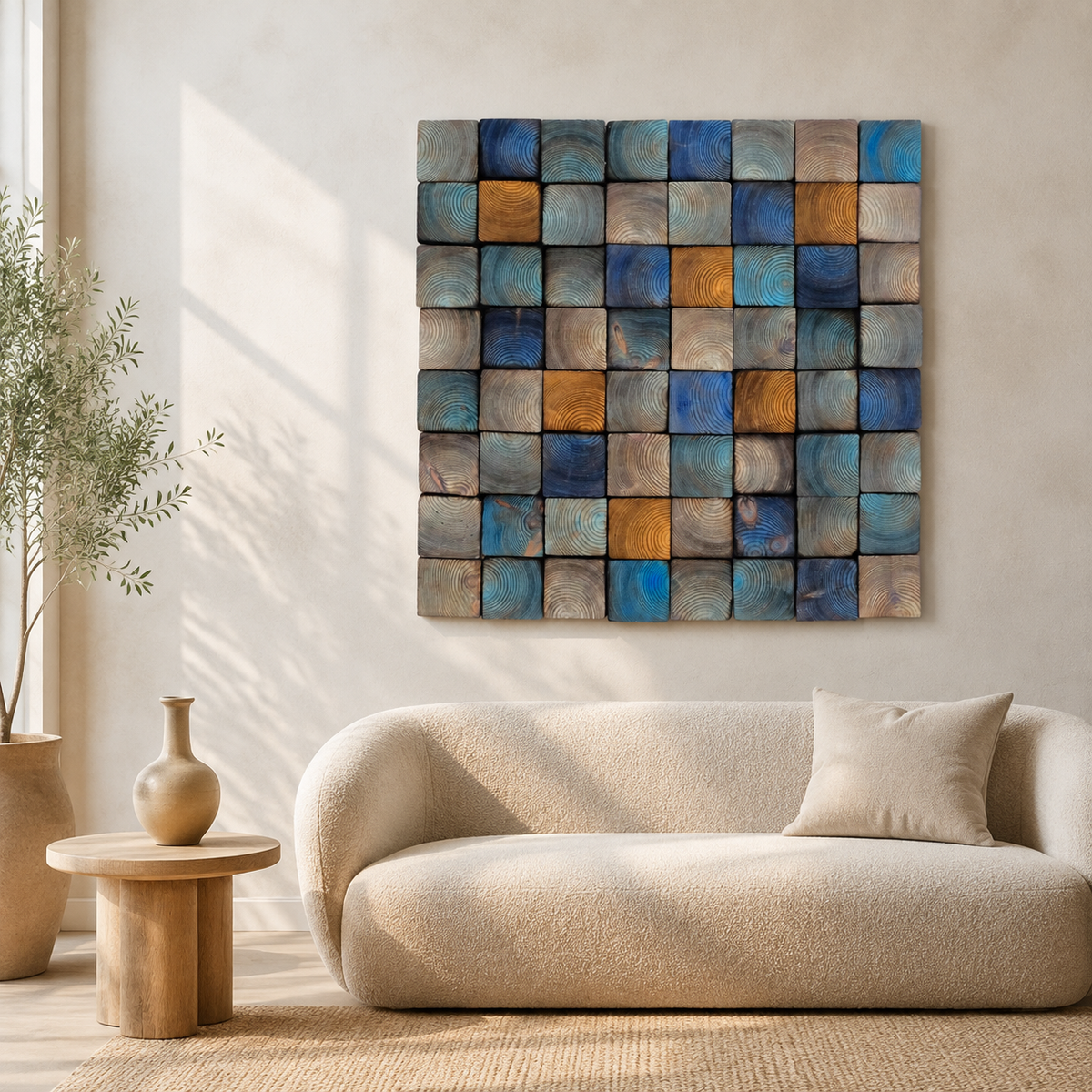 Od Blue 3D Wood Mosaic Wall Art Frame Handmade Charred Wood Acoustic Panel for Modern Interiors