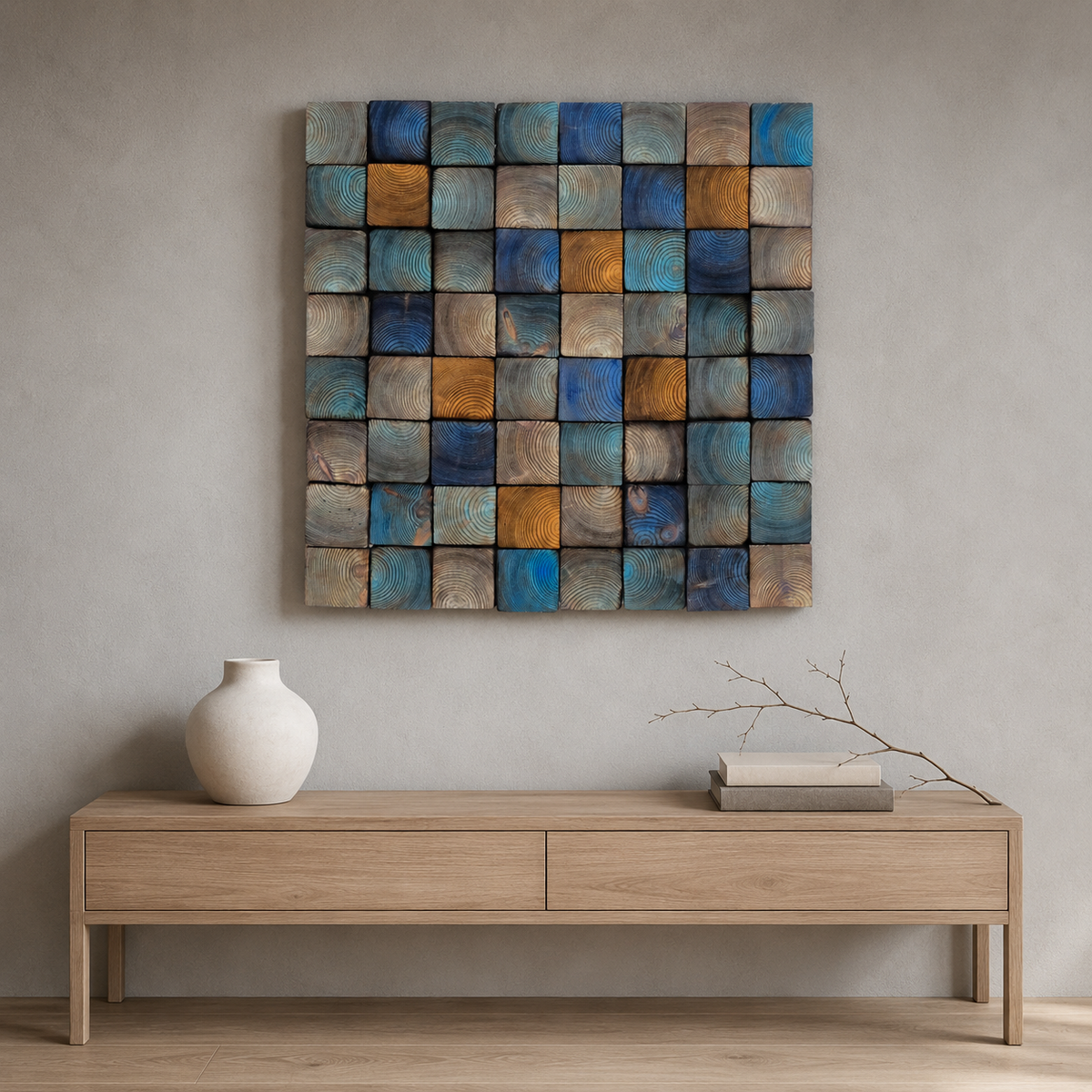 Od Blue 3D Wood Mosaic Wall Art Frame Handmade Charred Wood Acoustic Panel for Modern Interiors