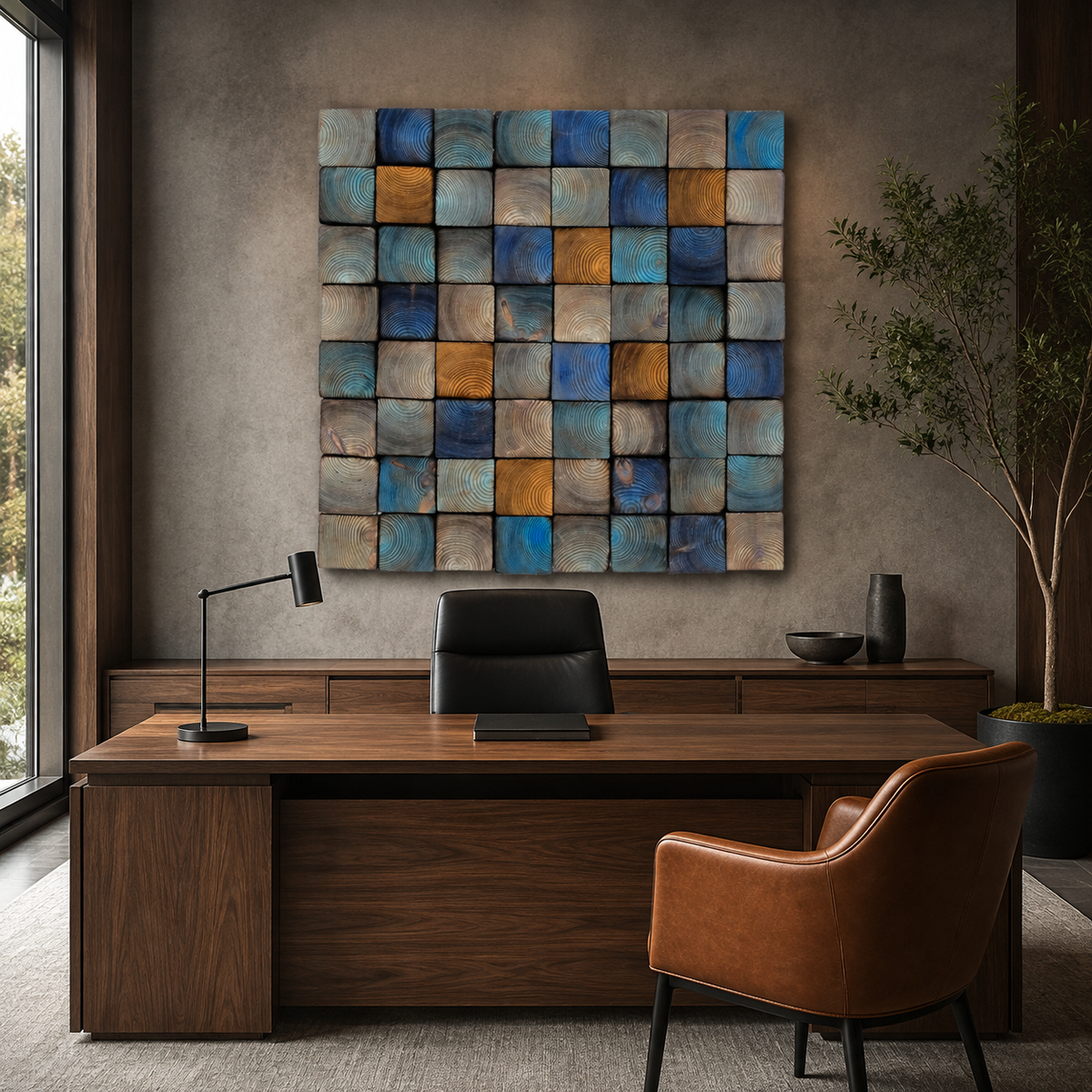 Od Blue 3D Wood Mosaic Wall Art Frame Handmade Charred Wood Acoustic Panel for Modern Interiors