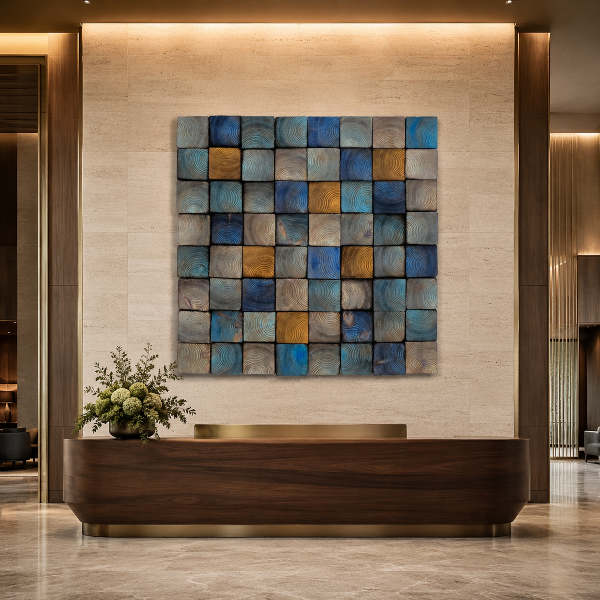 Od Blue 3D Wood Mosaic Wall Art Frame Handmade Charred Wood Acoustic Panel for Modern Interiors