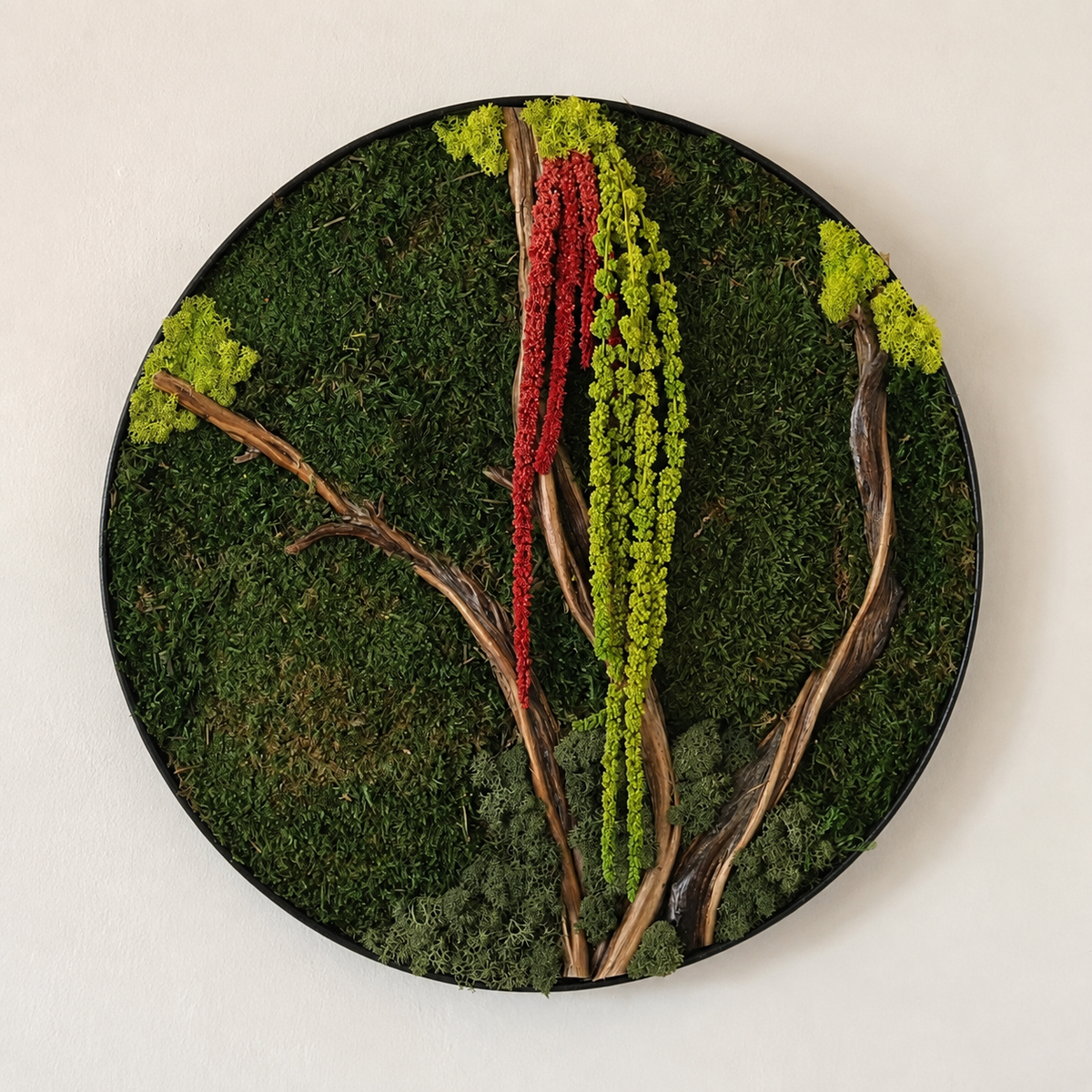 Round Moss Wall Art Preserved Moss & Driftwood Circle Panel, Black Frame