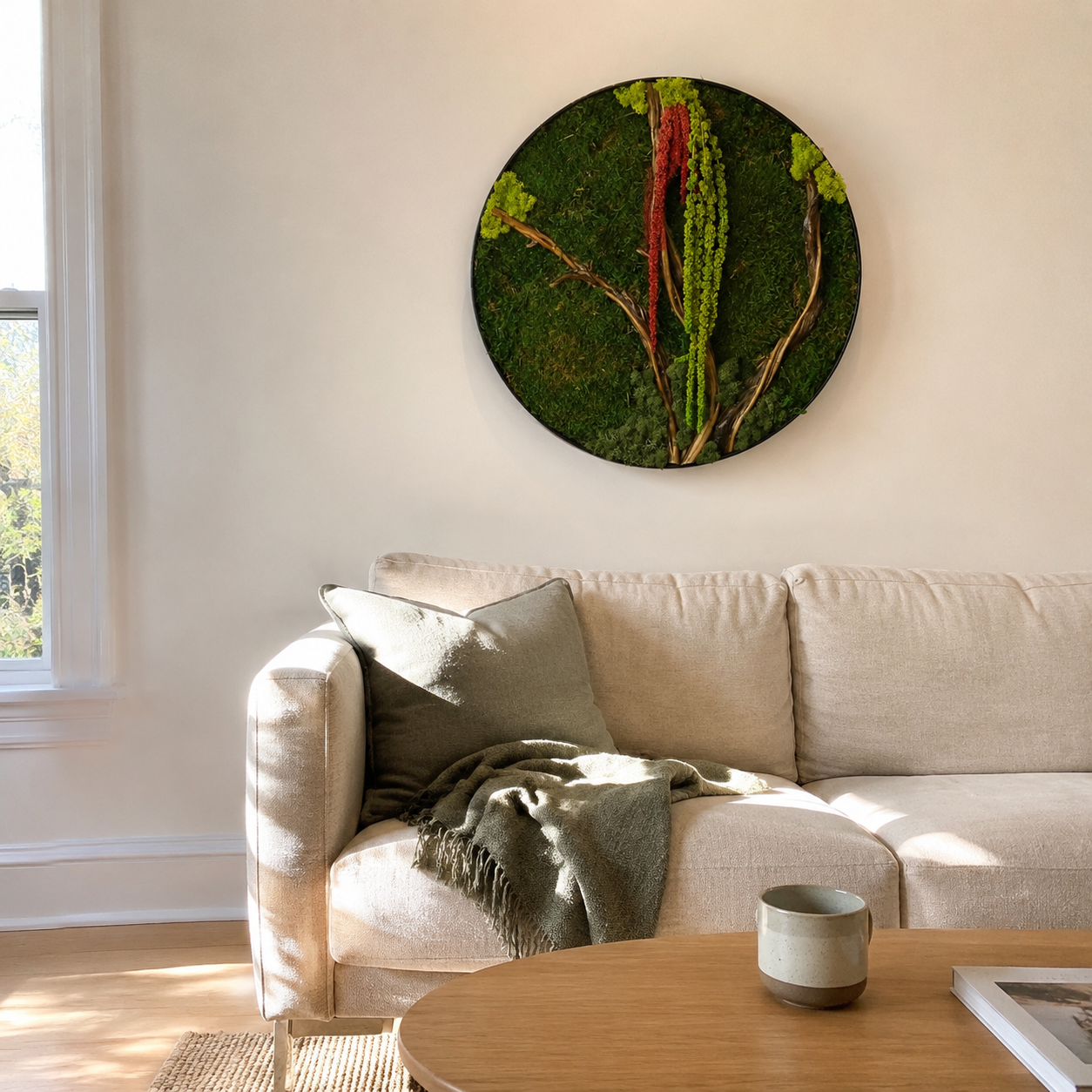 Round Moss Wall Art Preserved Moss & Driftwood Circle Panel, Black Frame