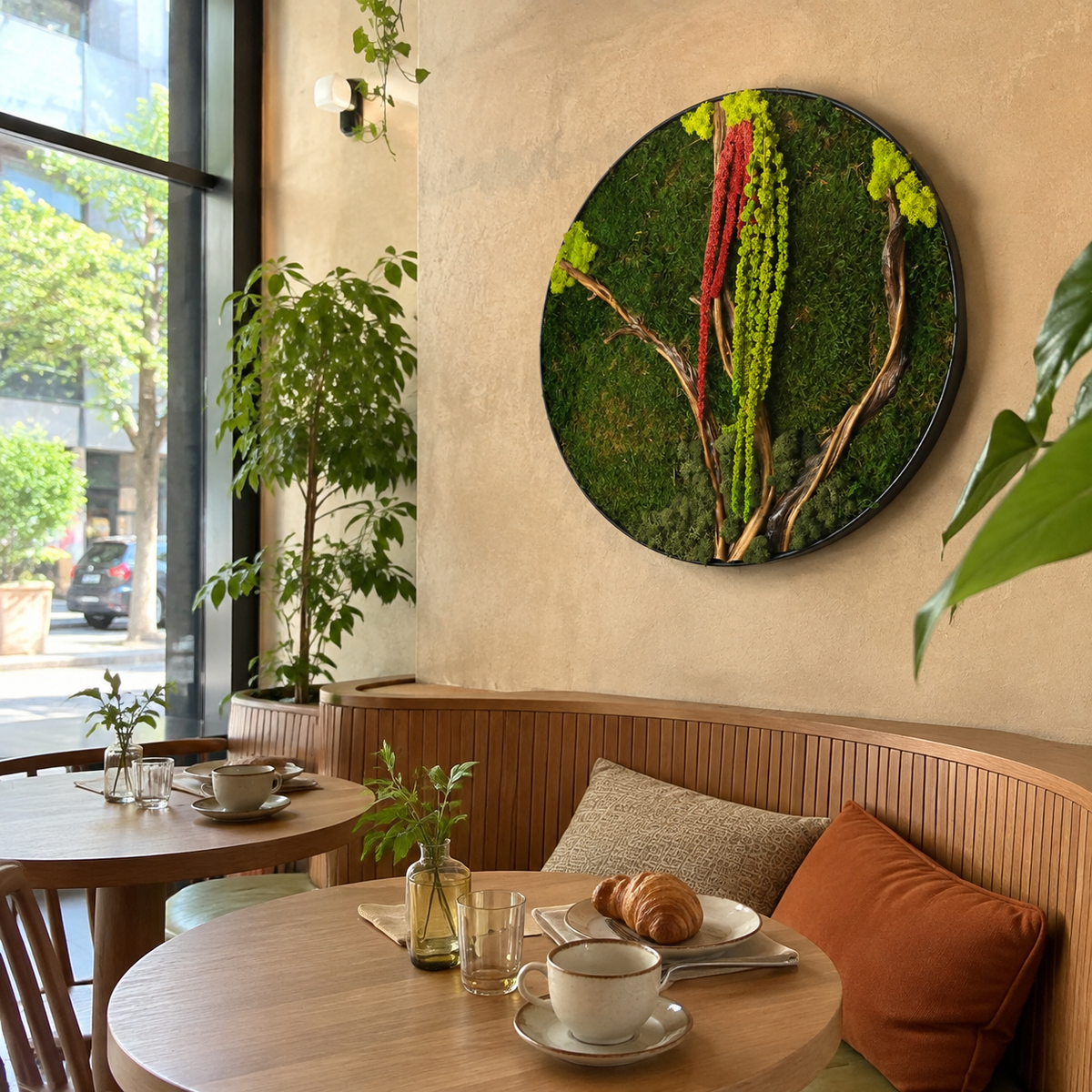 Round Moss Wall Art Preserved Moss & Driftwood Circle Panel, Black Frame