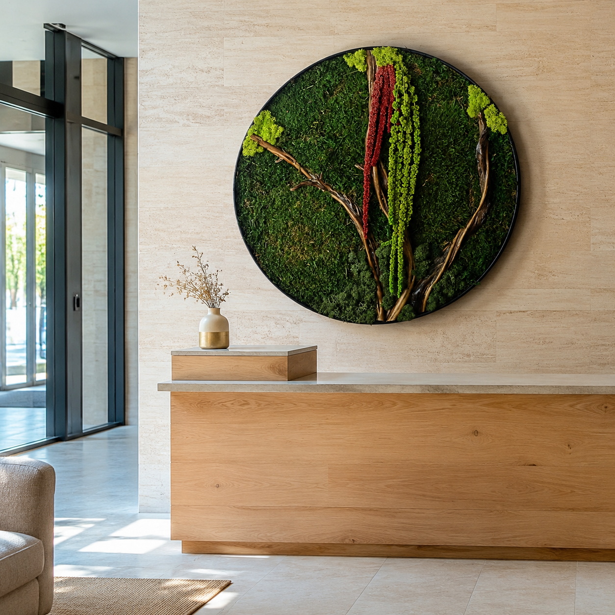 Round Moss Wall Art Preserved Moss & Driftwood Circle Panel, Black Frame
