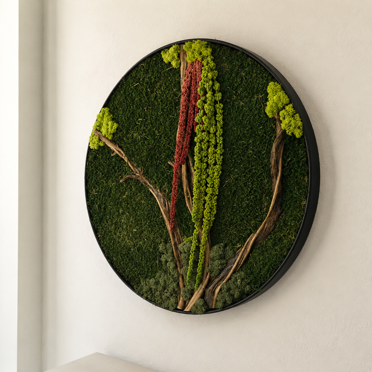 Round Moss Wall Art Preserved Moss & Driftwood Circle Panel, Black Frame