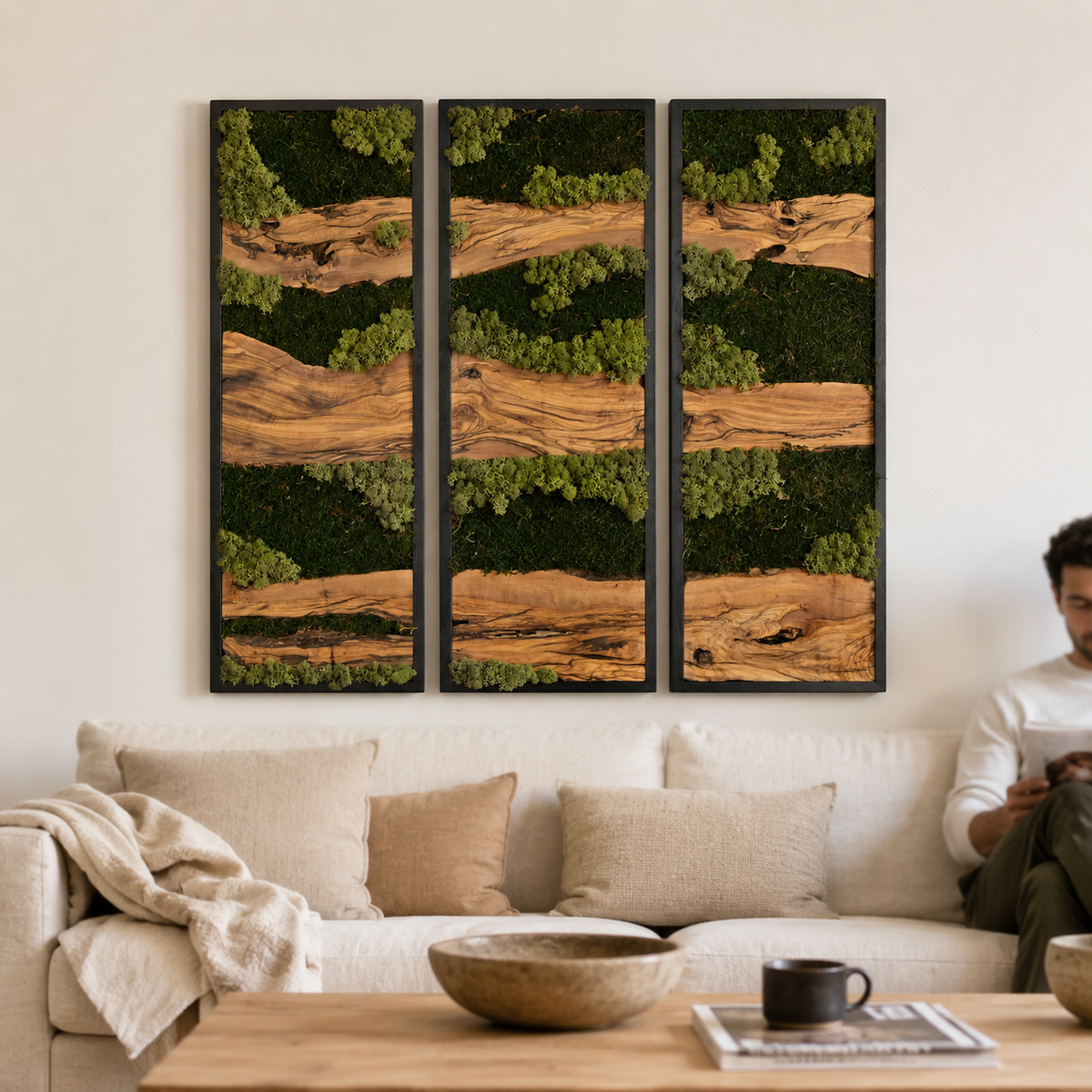 3 Piece Moss Wall Art Set Olive Wood Triptych with Preserved Moss in Black Frames Large Biophilic Wall Decor