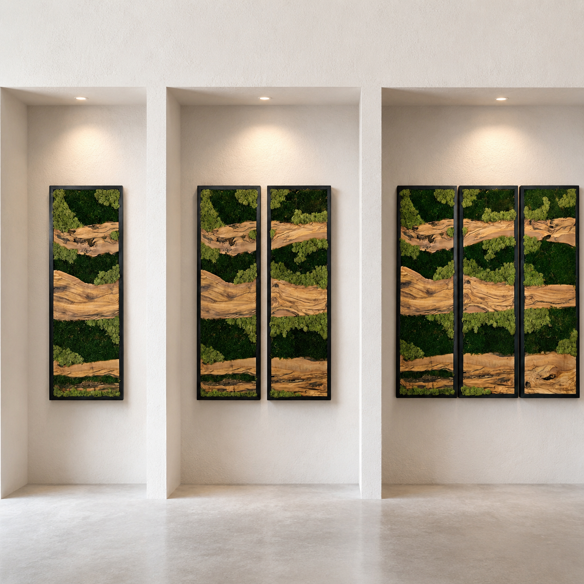 3 Piece Moss Wall Art Set Olive Wood Triptych with Preserved Moss in Black Frames Large Biophilic Wall Decor