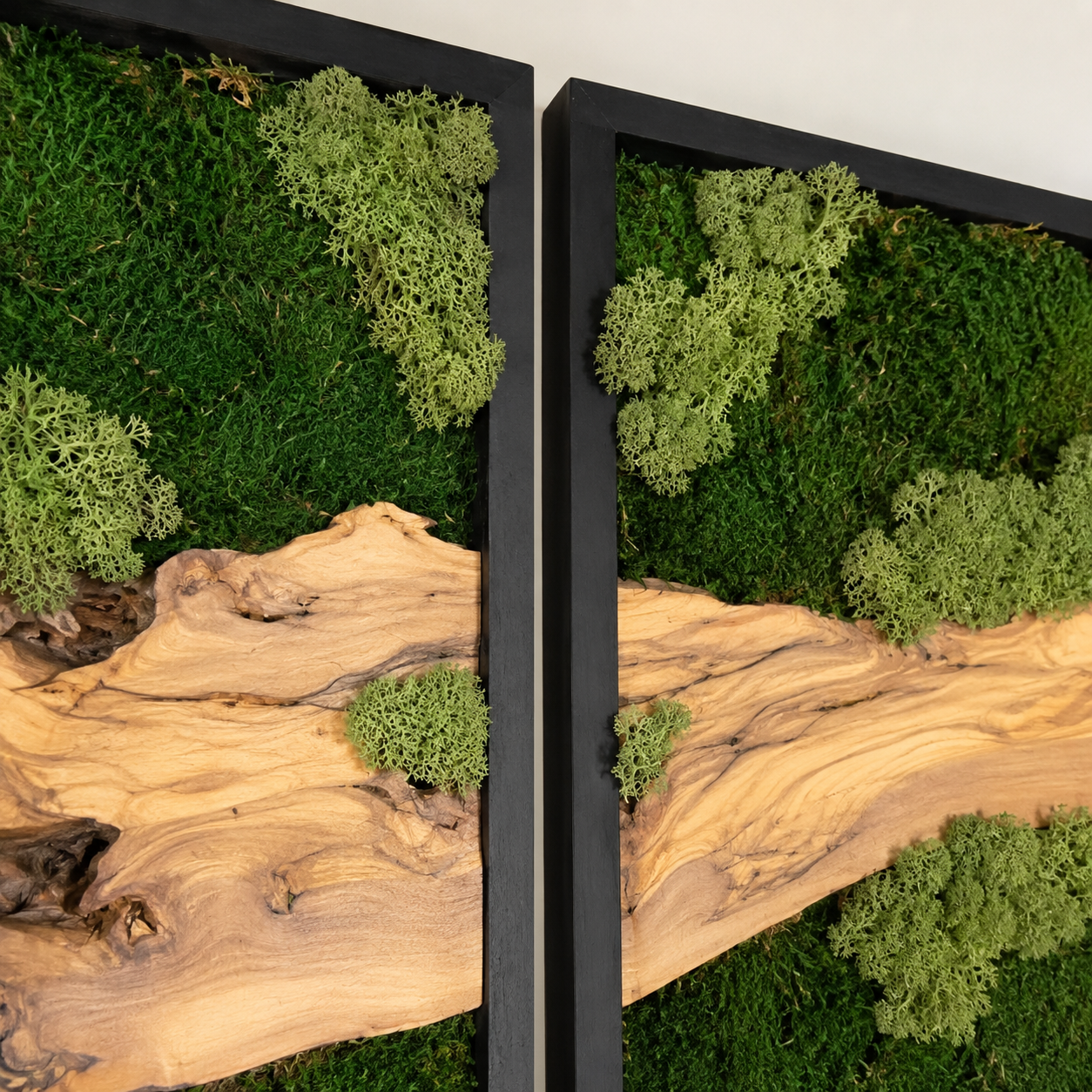 3 Piece Moss Wall Art Set Olive Wood Triptych with Preserved Moss in Black Frames Large Biophilic Wall Decor