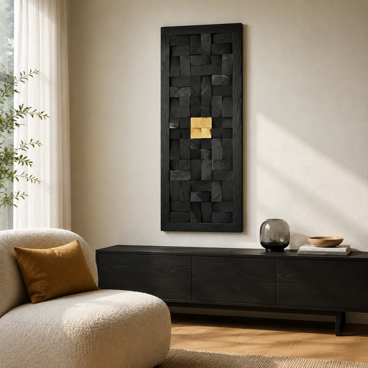 Black 3D Wood Wall Art with Gold Accent Charred Wood Mosaic Panel in a Black Frame Sculptural Luxury Wall Decor