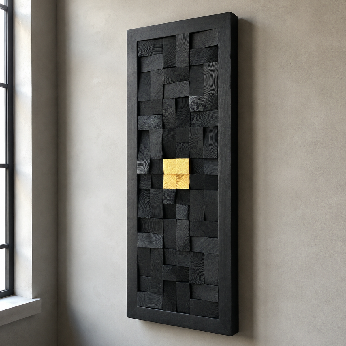 Black 3D Wood Wall Art with Gold Accent Charred Wood Mosaic Panel in a Black Frame Sculptural Luxury Wall Decor