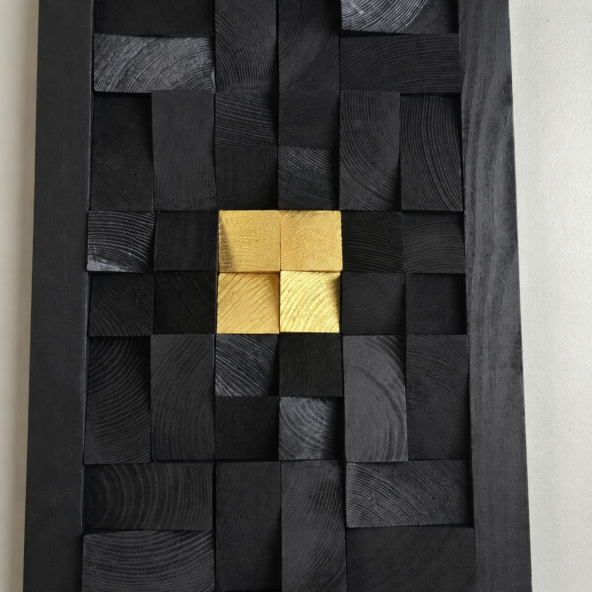 Black 3D Wood Wall Art with Gold Accent Charred Wood Mosaic Panel in a Black Frame Sculptural Luxury Wall Decor