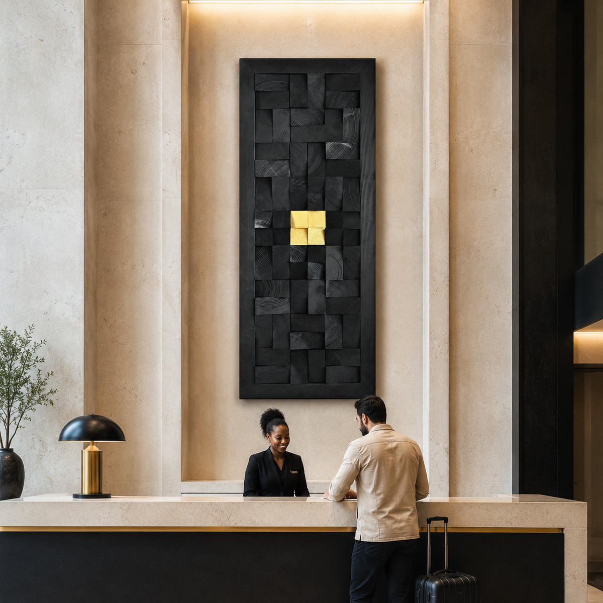 Black 3D Wood Wall Art with Gold Accent Charred Wood Mosaic Panel in a Black Frame Sculptural Luxury Wall Decor